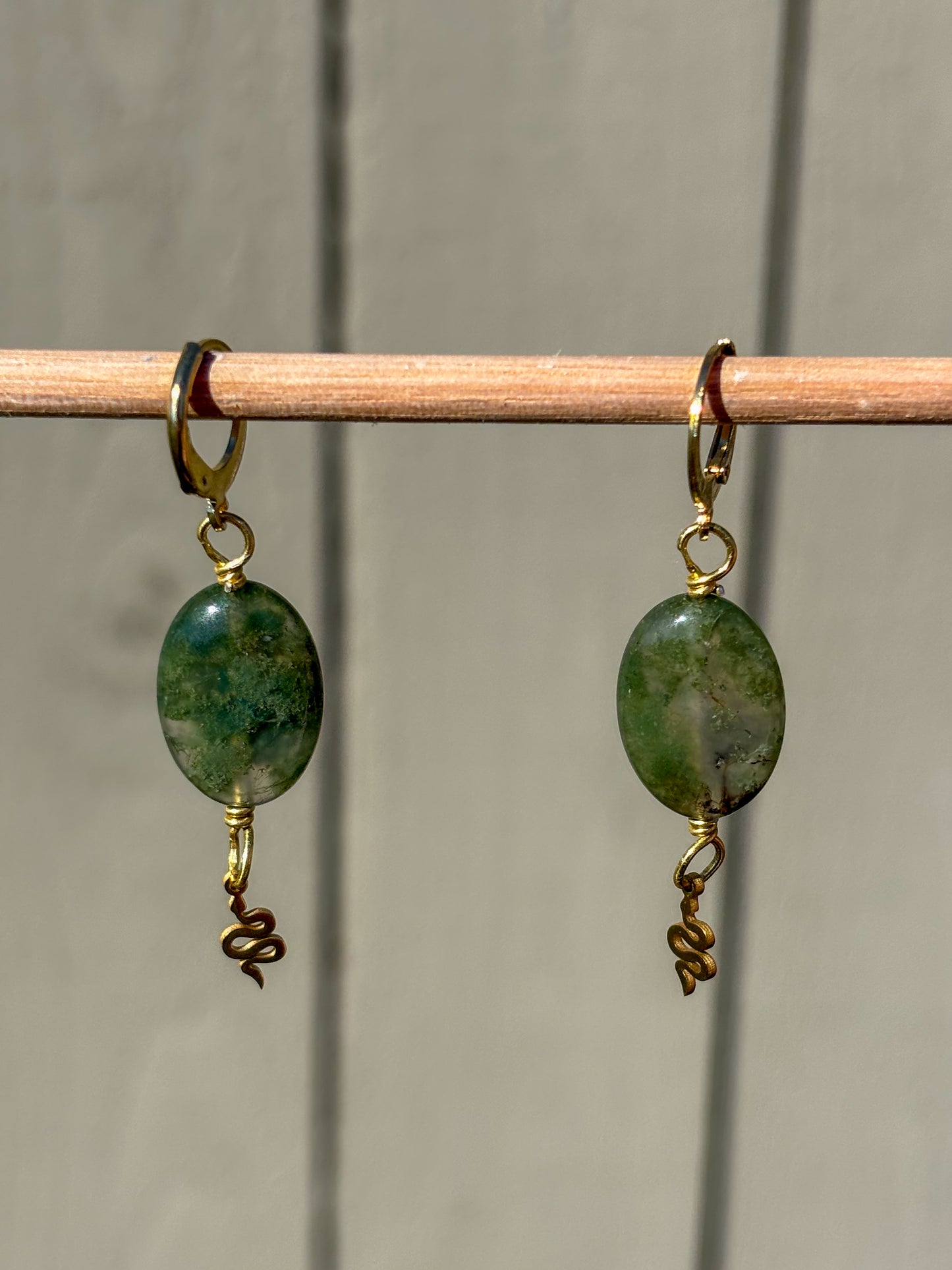Green Moss Agate Snake Crystal Earrings