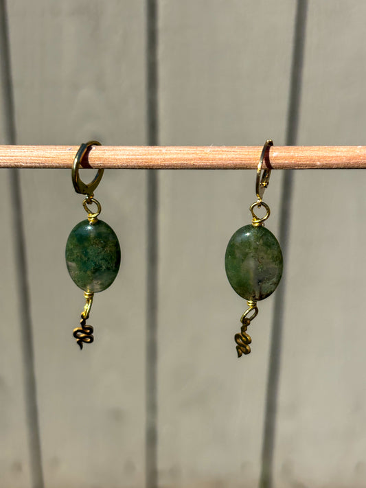 Green Moss Agate Snake Crystal Earrings