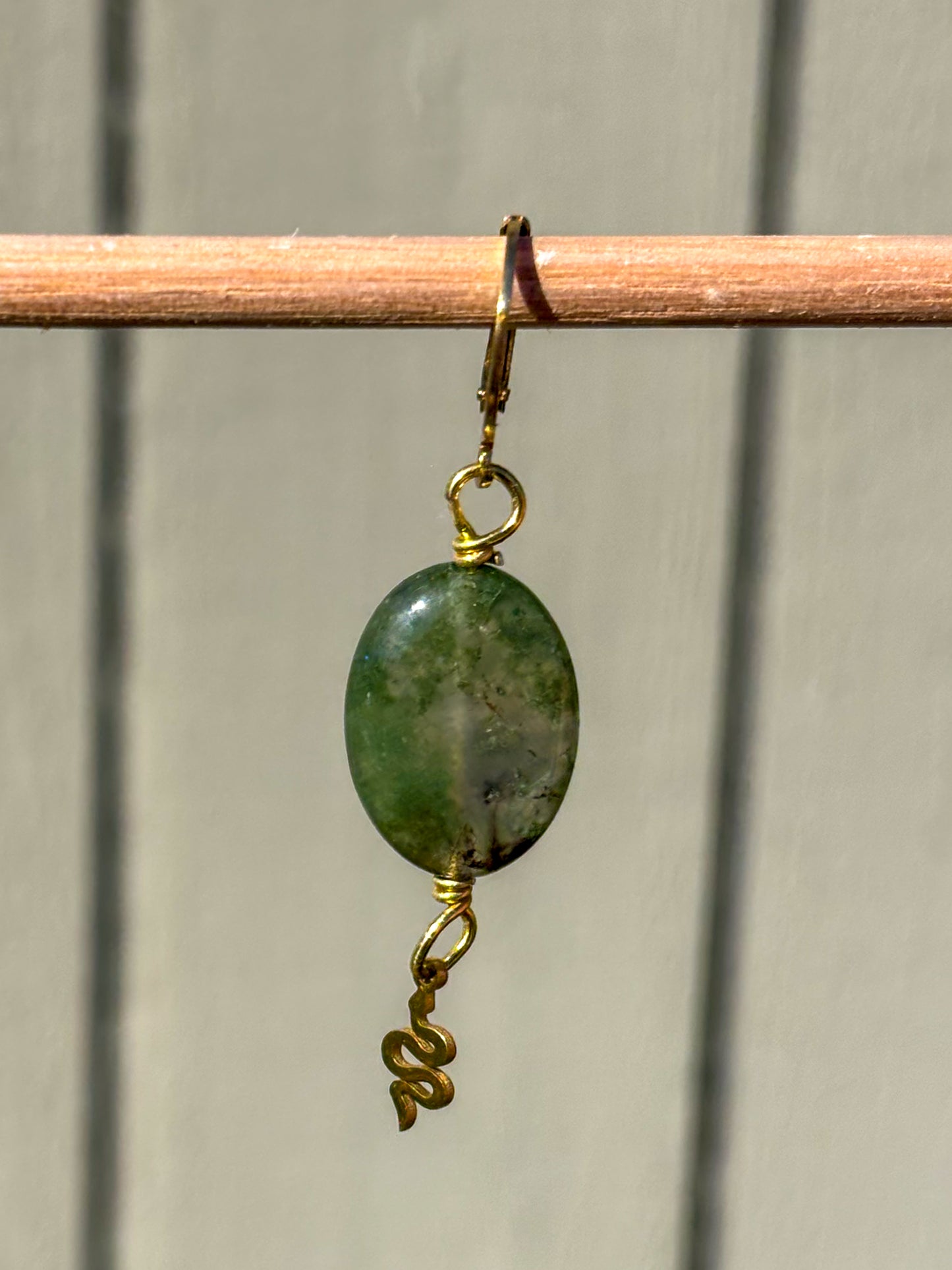 Green Moss Agate Snake Crystal Earrings
