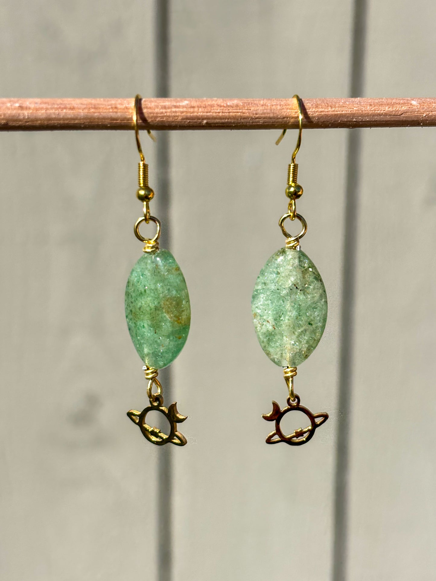 Green Aventurine Planet Moon Crystal Earrings