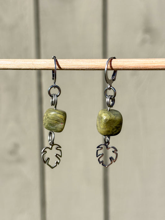 Vesuvanite Monstera Plant Leaf Crystal Earrings