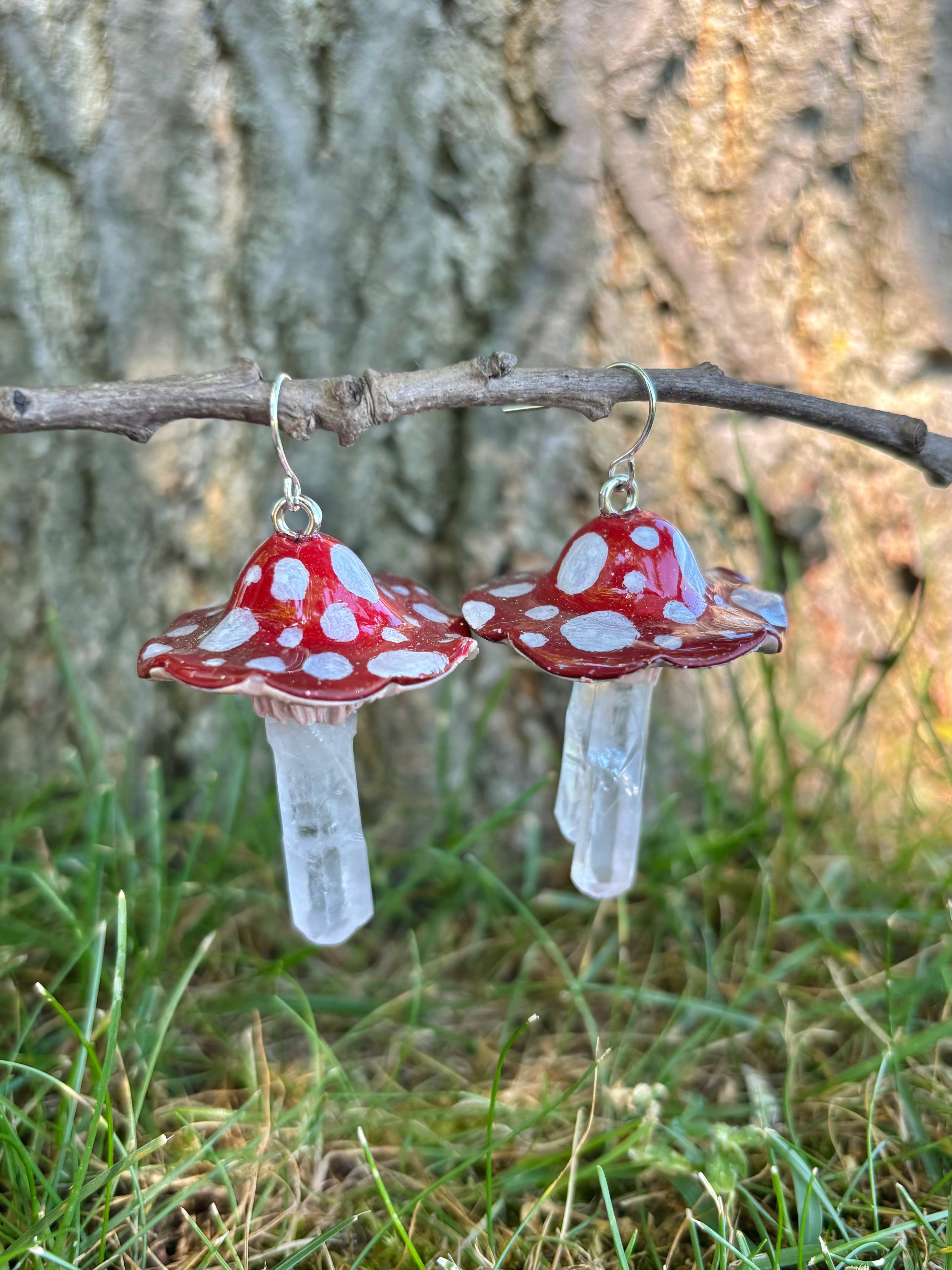 Quartz Crystal Point Red Mushroom Dangle Earrings Smiley Cat Co