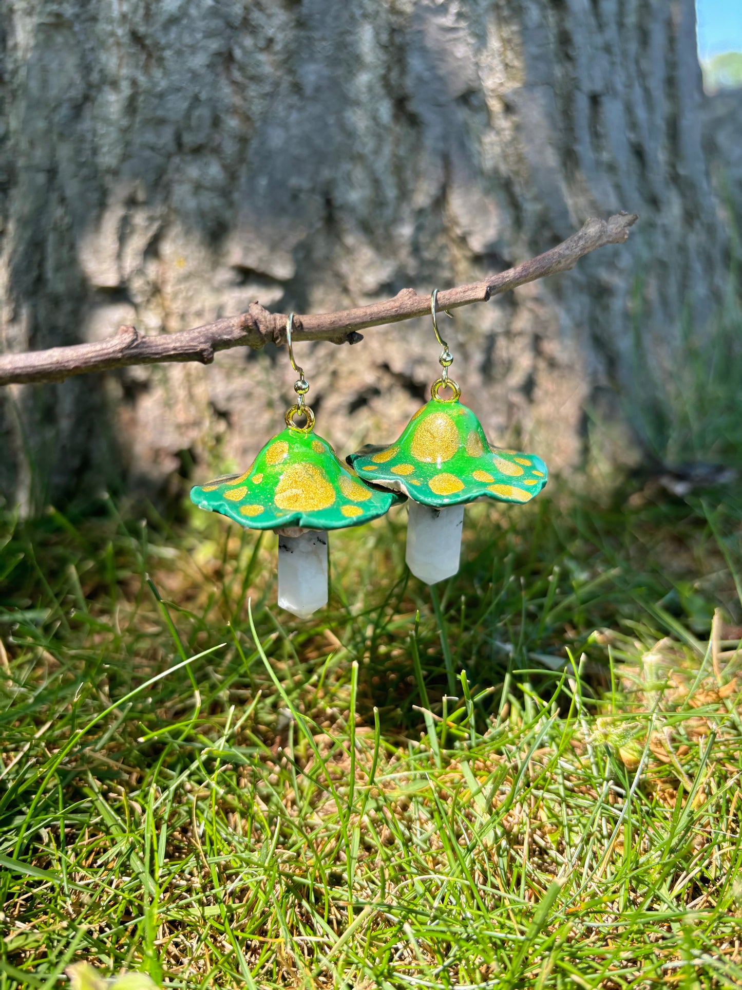 Rainbow Moonstone Crystal Mushroom Green Dangle Earrings