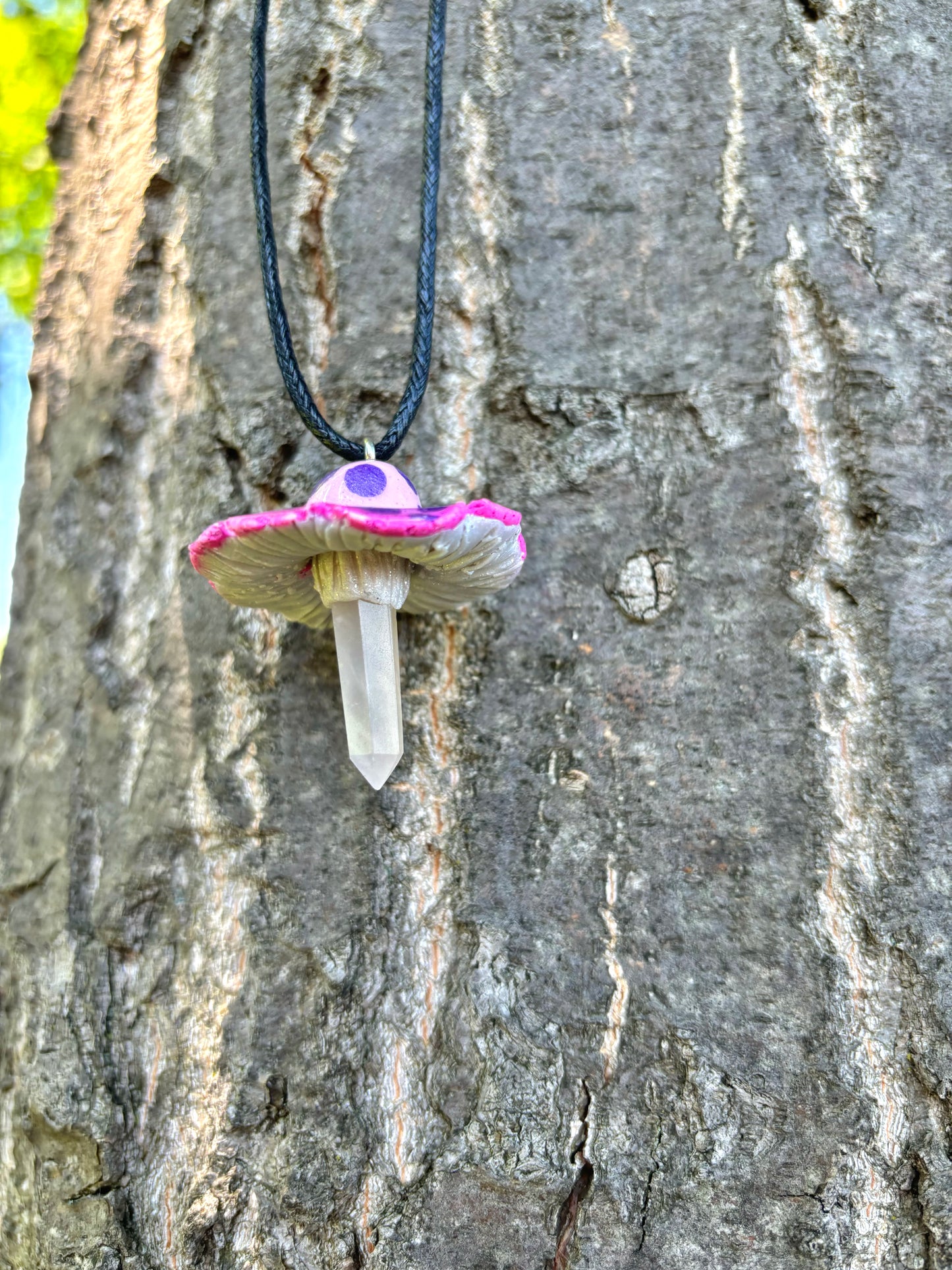 Rose Quartz Crystal Mushroom Necklace on Adjustable Black Hemp Cord