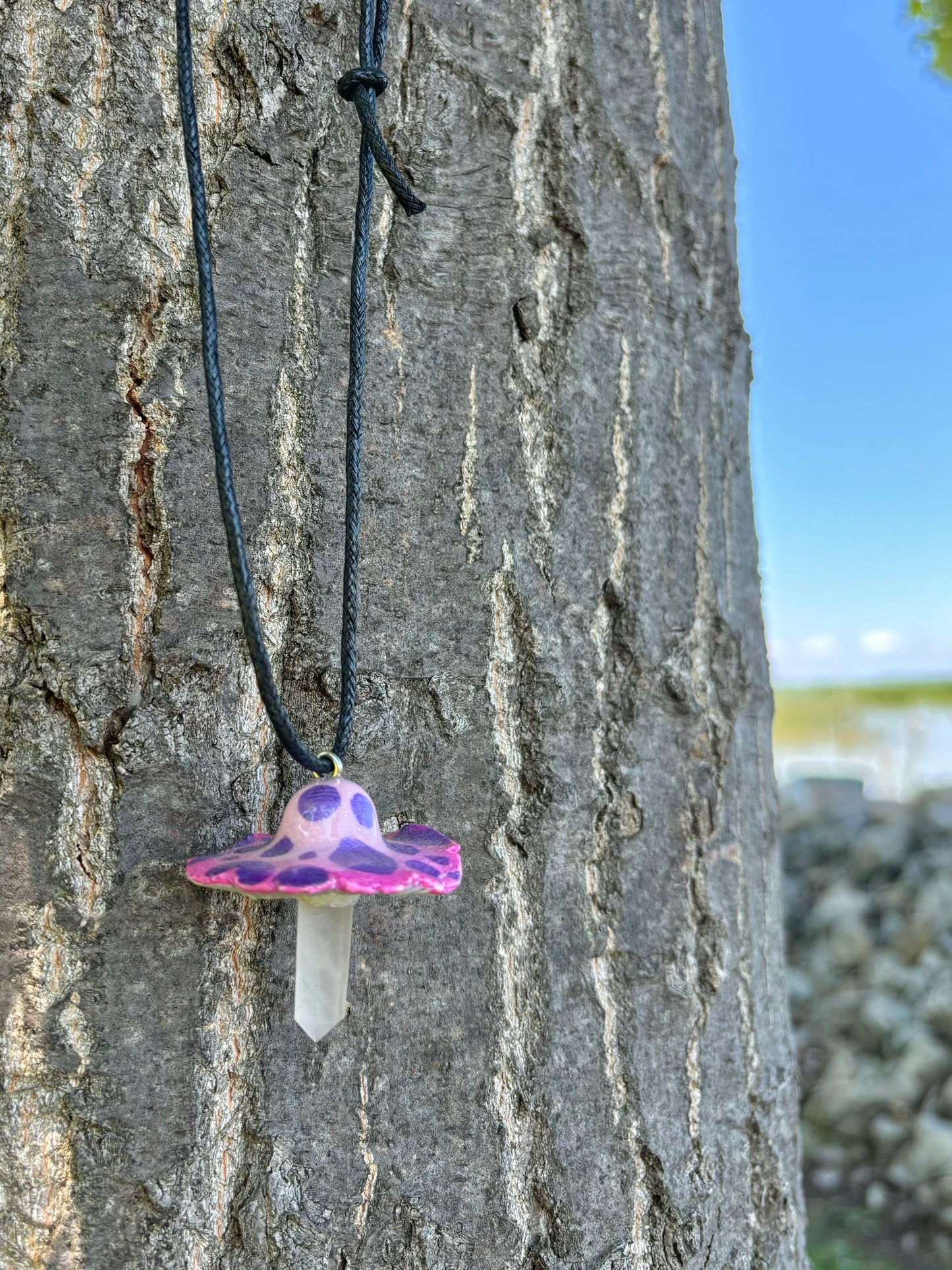 Rose Quartz Crystal Mushroom Necklace on Adjustable Black Hemp Cord