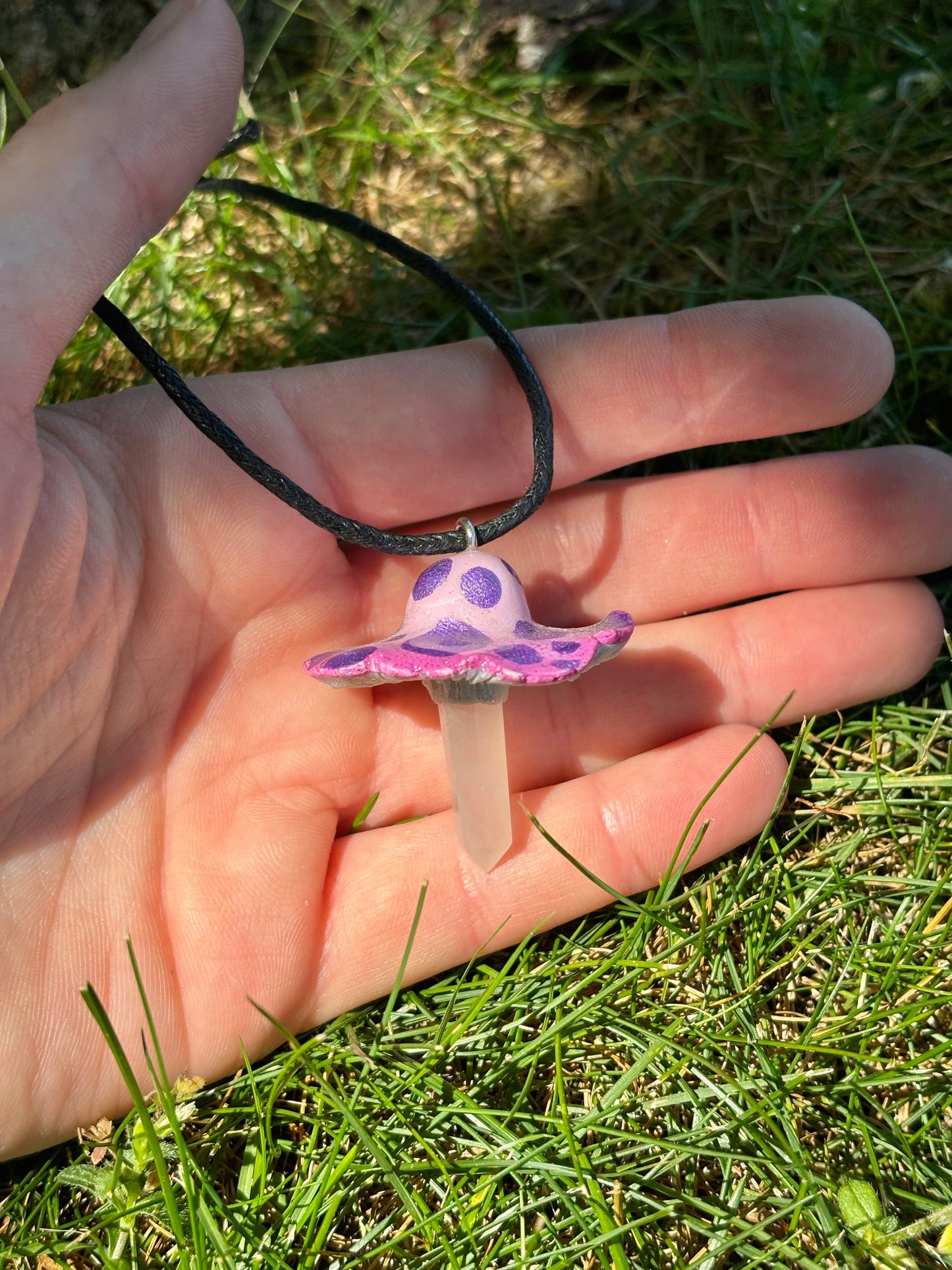 Rose Quartz Crystal Mushroom Necklace on Adjustable Black Hemp Cord