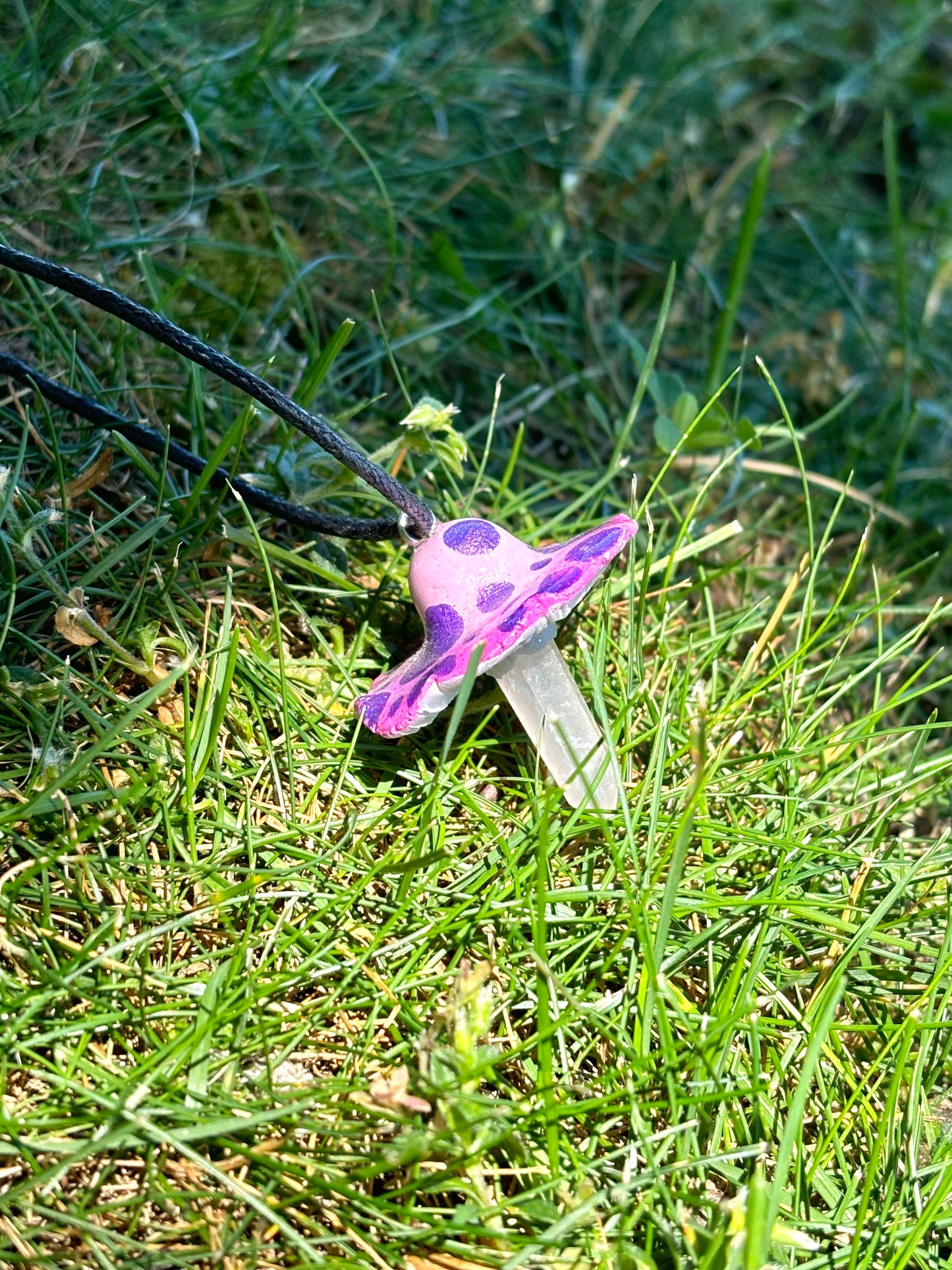Rose Quartz Crystal Mushroom Necklace on Adjustable Black Hemp Cord