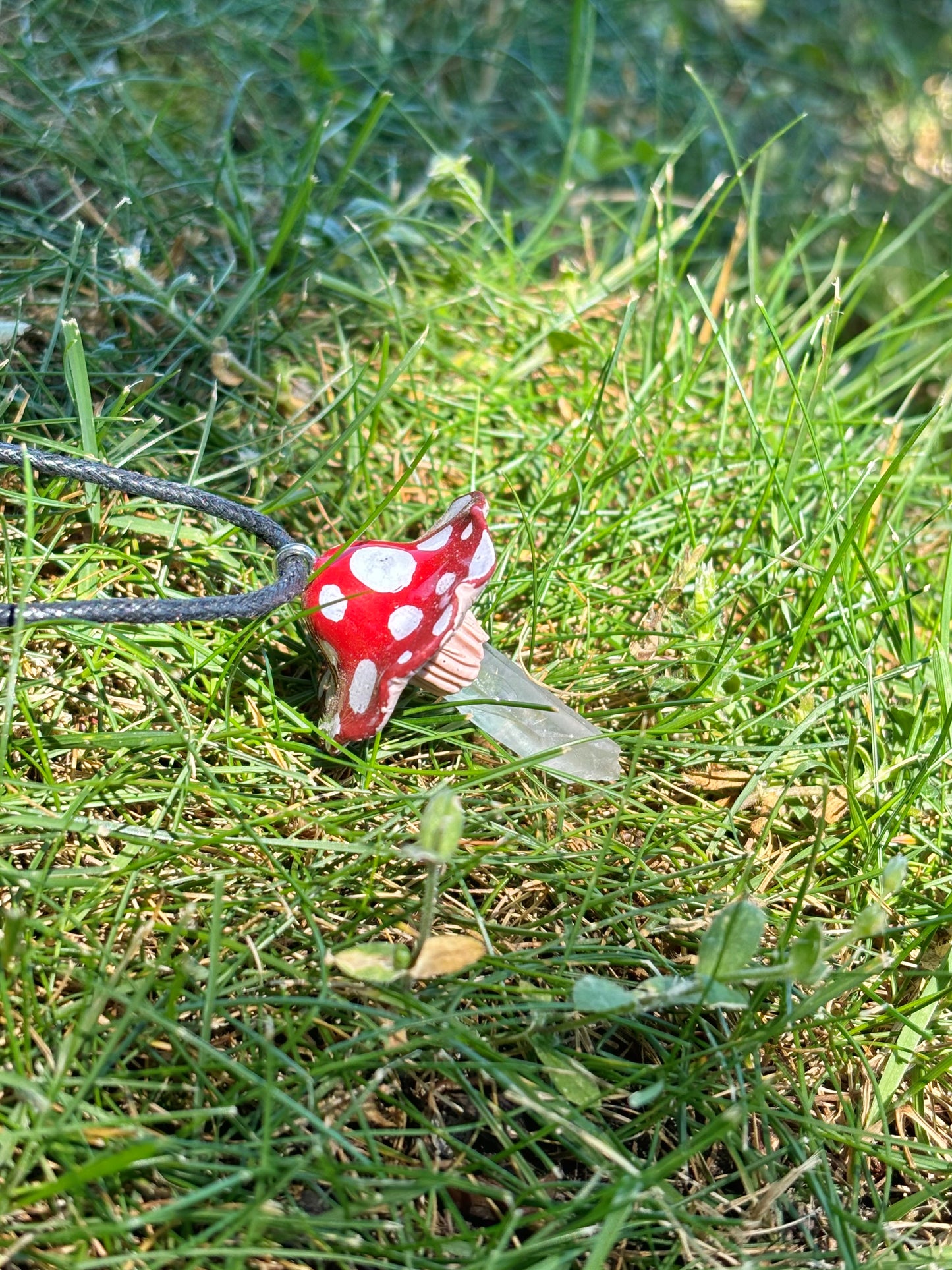Clear Quartz Crystal Red Mushroom Charm Necklace on Black Hemp Cord