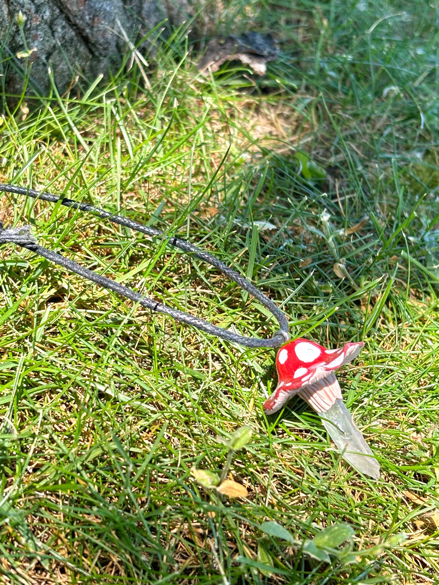 Clear Quartz Crystal Red Mushroom Charm Necklace on Black Hemp Cord
