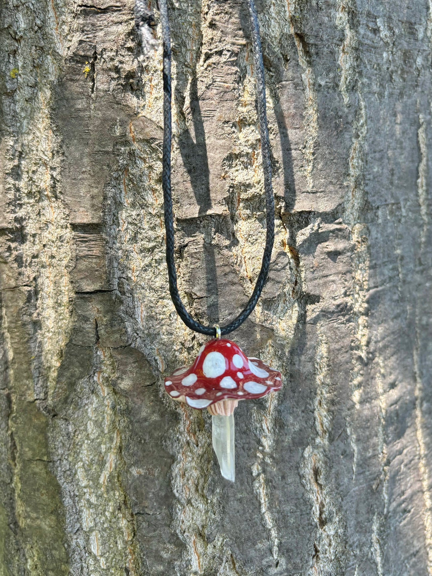 Clear Quartz Crystal Red Mushroom Charm Necklace on Black Hemp Cord