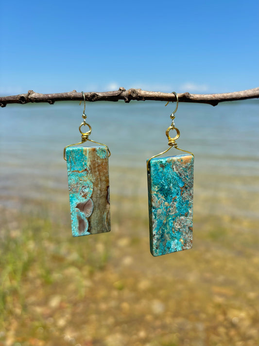 Shattuckite Azurite Crystal Gold Dangle Earrings