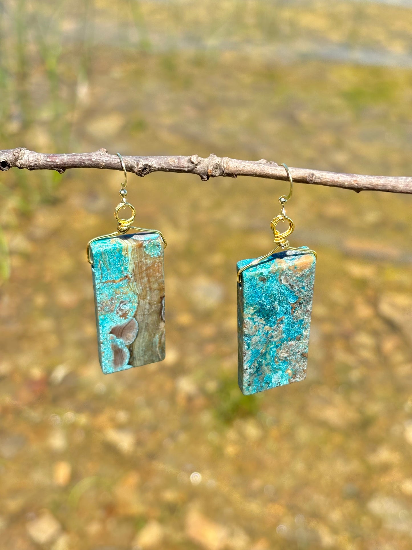 Shattuckite Azurite Crystal Gold Dangle Earrings