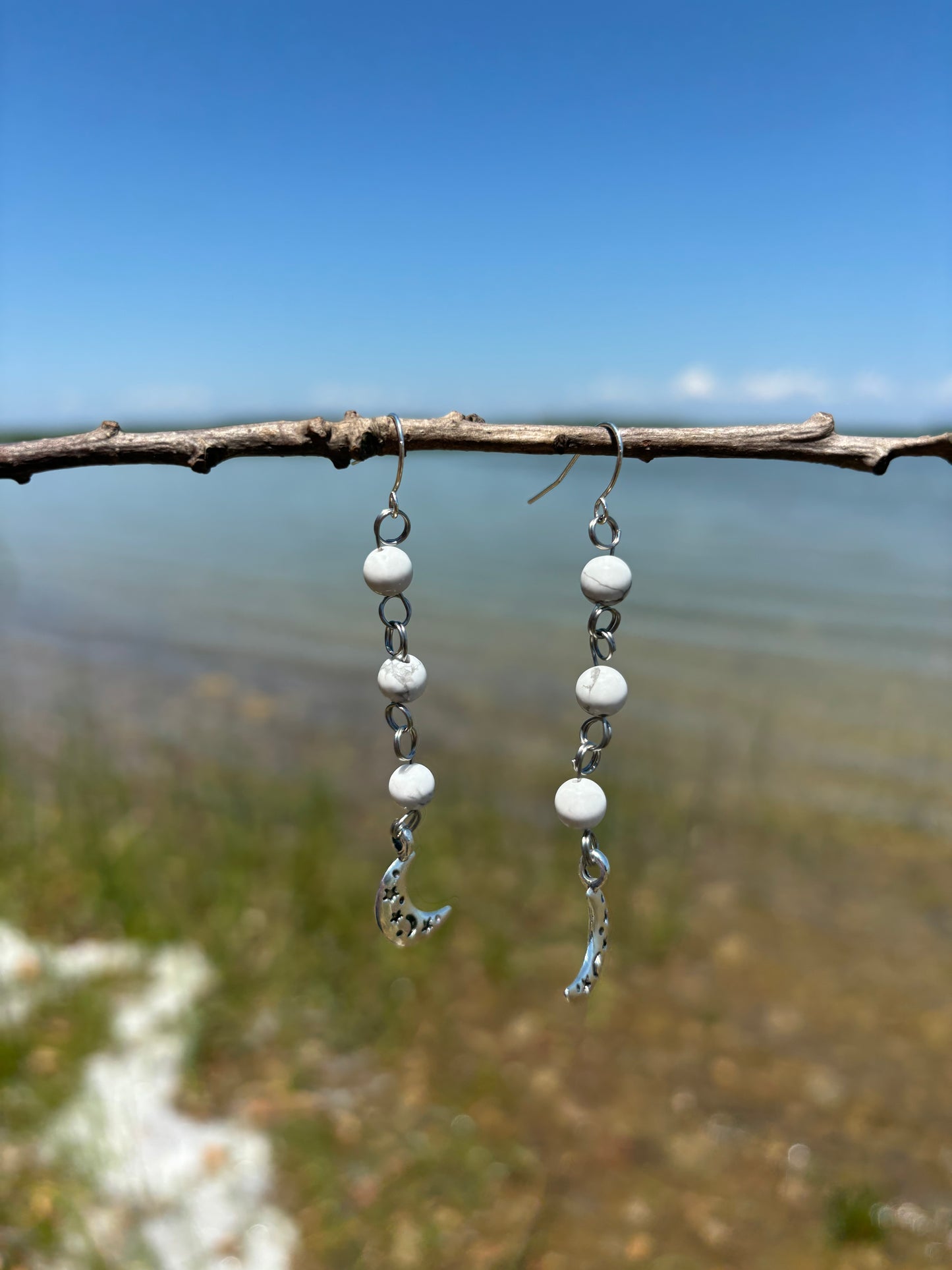 Howlite Crystal Beaded Moon Charm Earrings