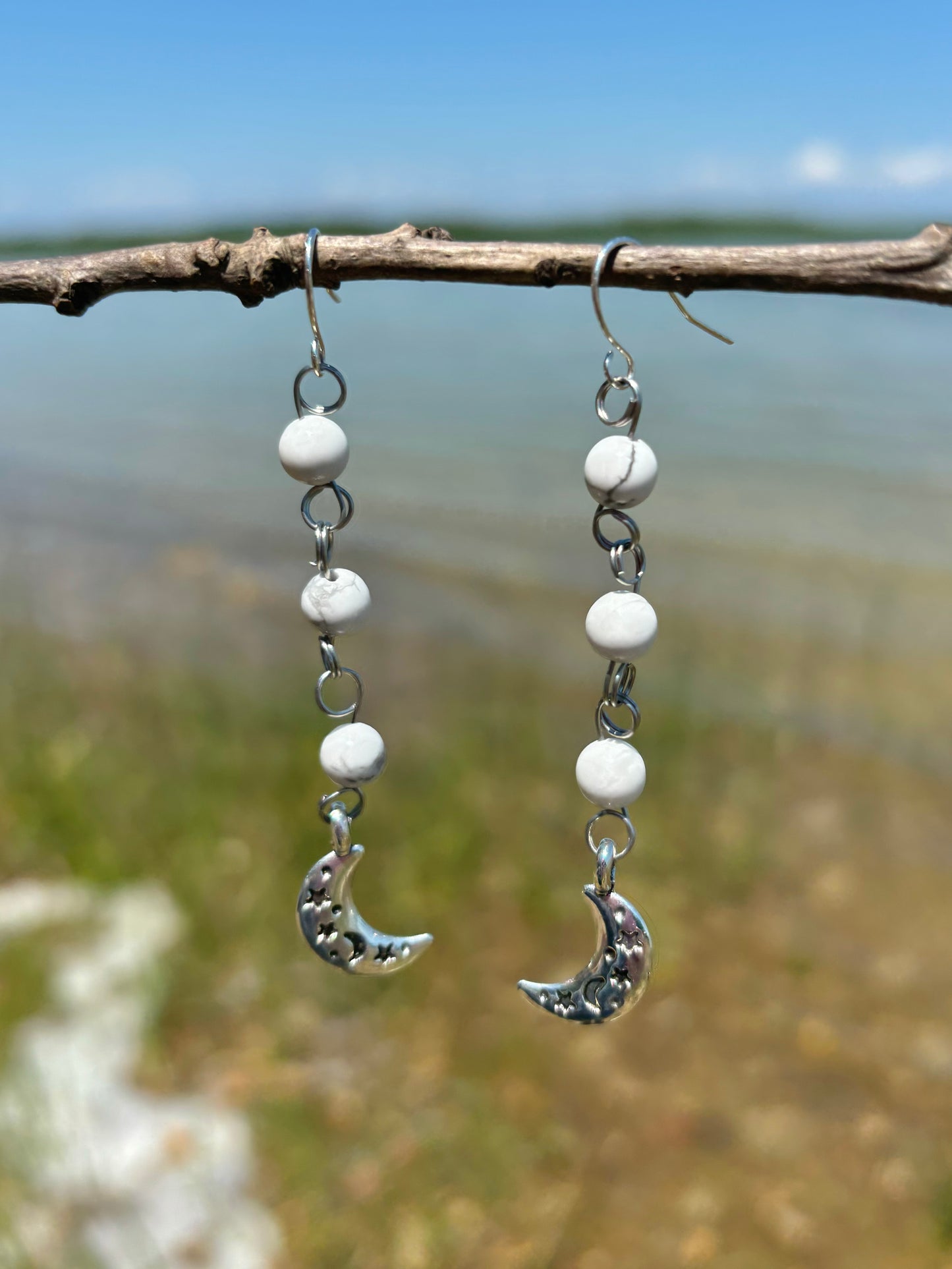 Howlite Crystal Beaded Moon Charm Earrings
