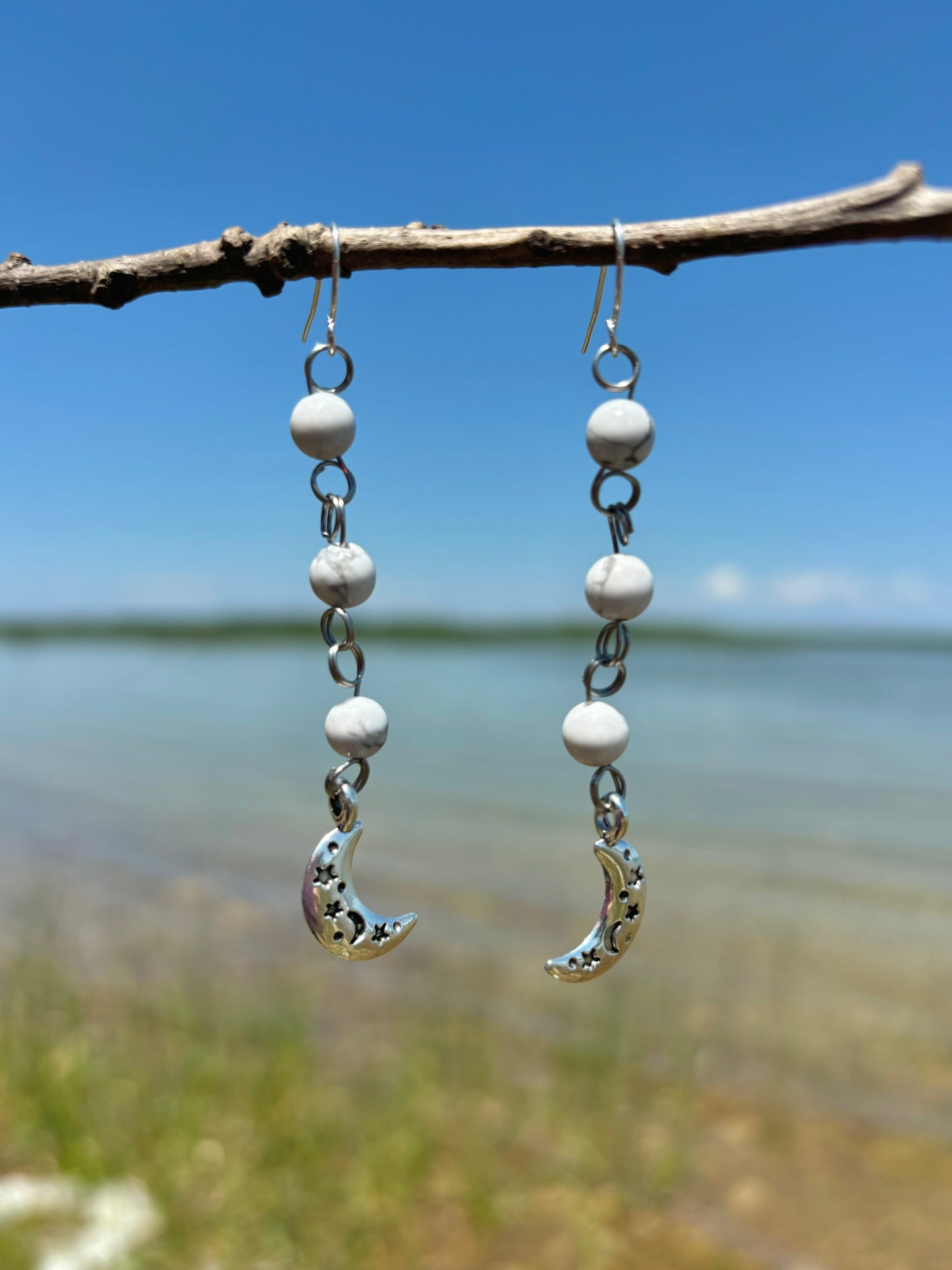 Howlite Crystal Beaded Moon Charm Earrings