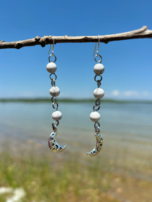 Howlite Crystal Beaded Moon Charm Earrings