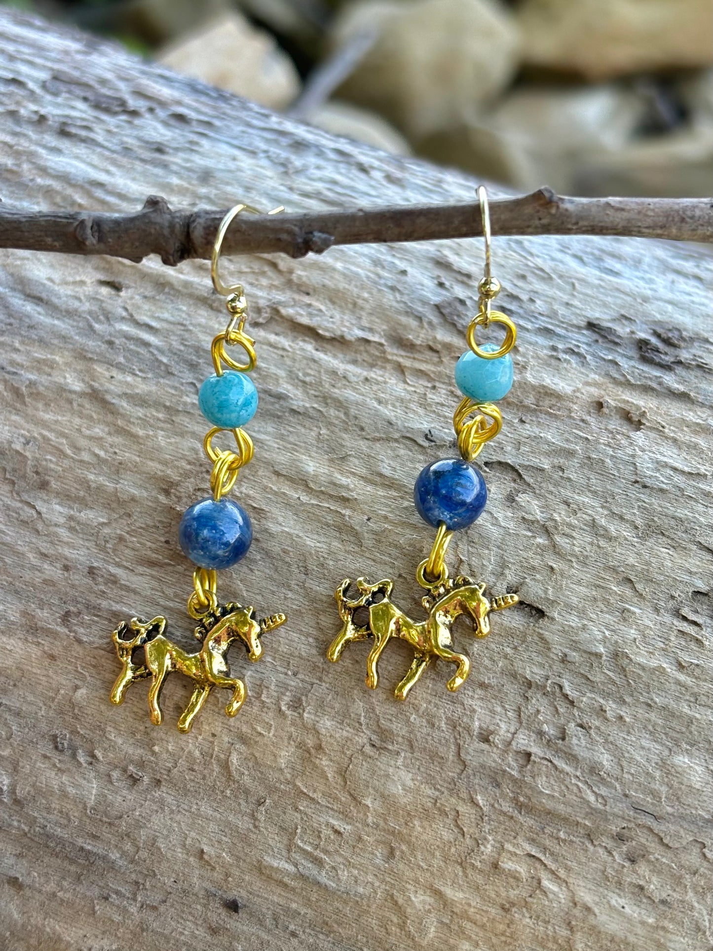 Kyanite Jade Crystal Gold Unicorn Dangle Earrings