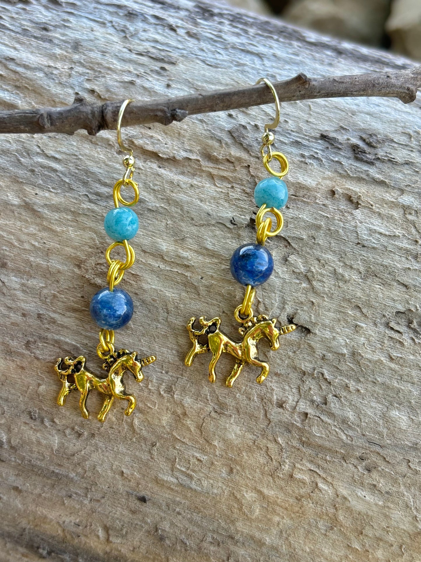 Kyanite Jade Crystal Gold Unicorn Dangle Earrings