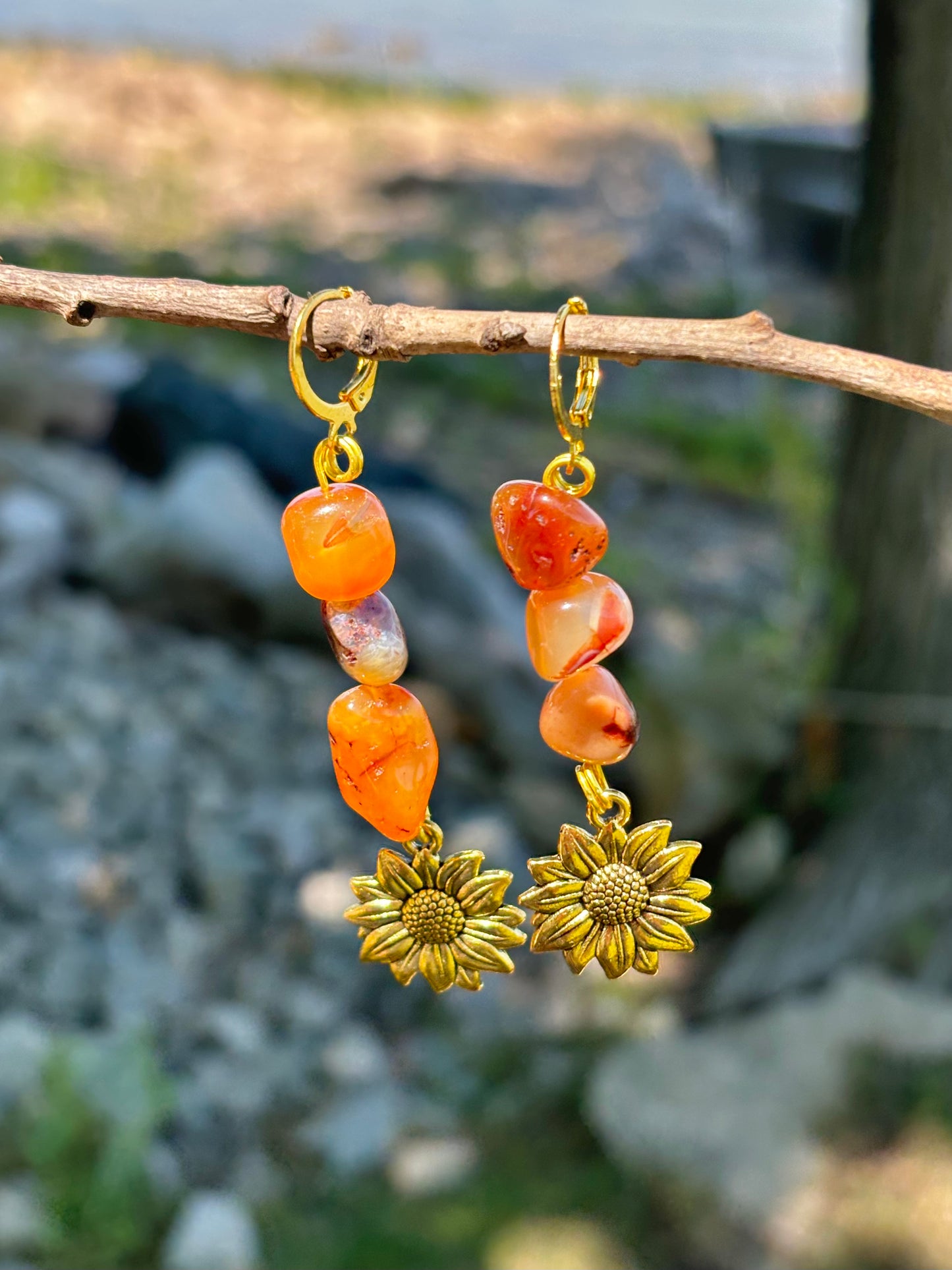 Carnelian Crystal Sunflower Charm Dangle Earrings