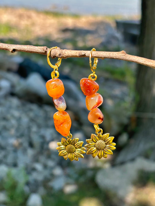 Carnelian Crystal Sunflower Charm Dangle Earrings