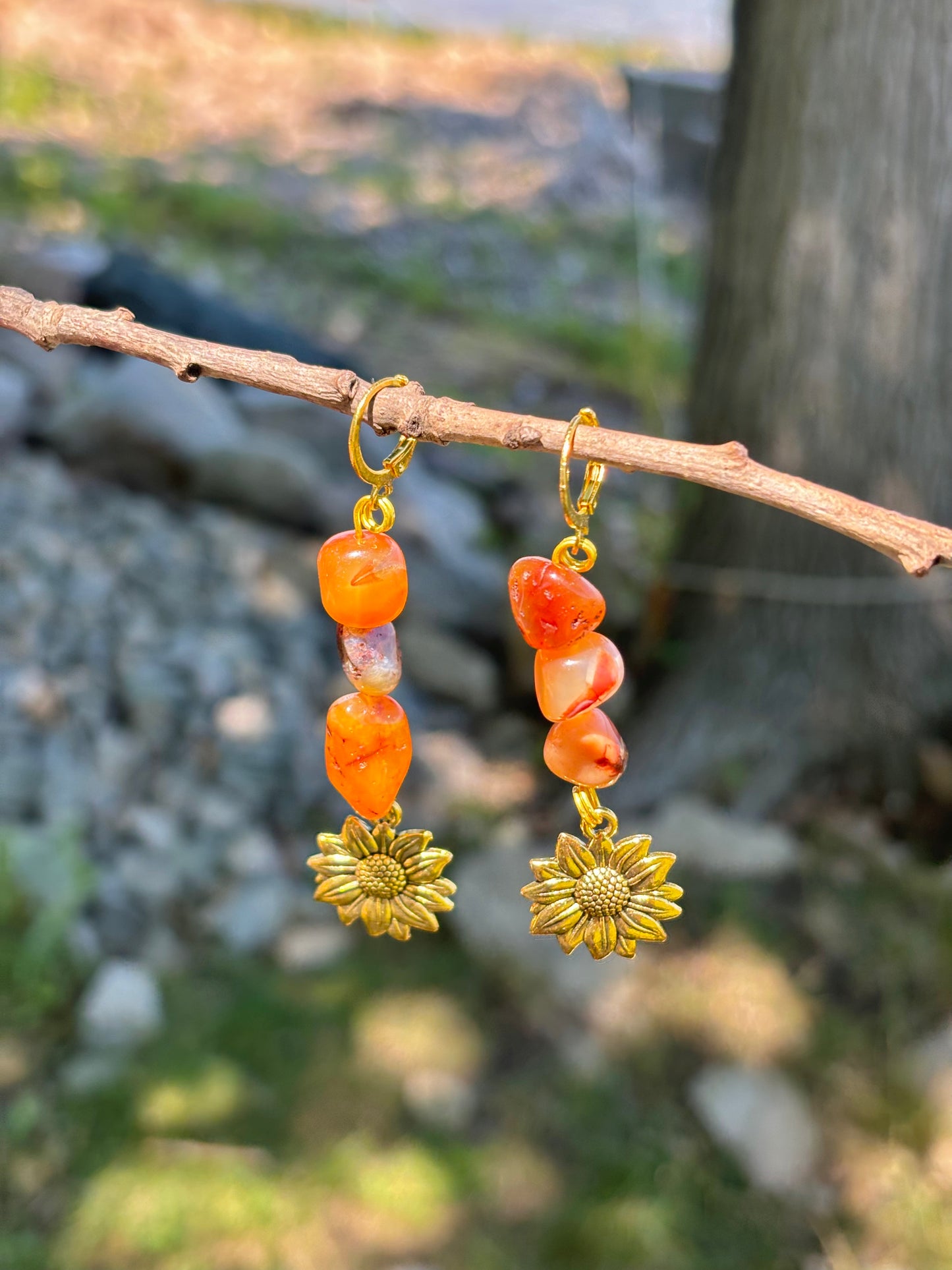 Carnelian Crystal Sunflower Charm Dangle Earrings