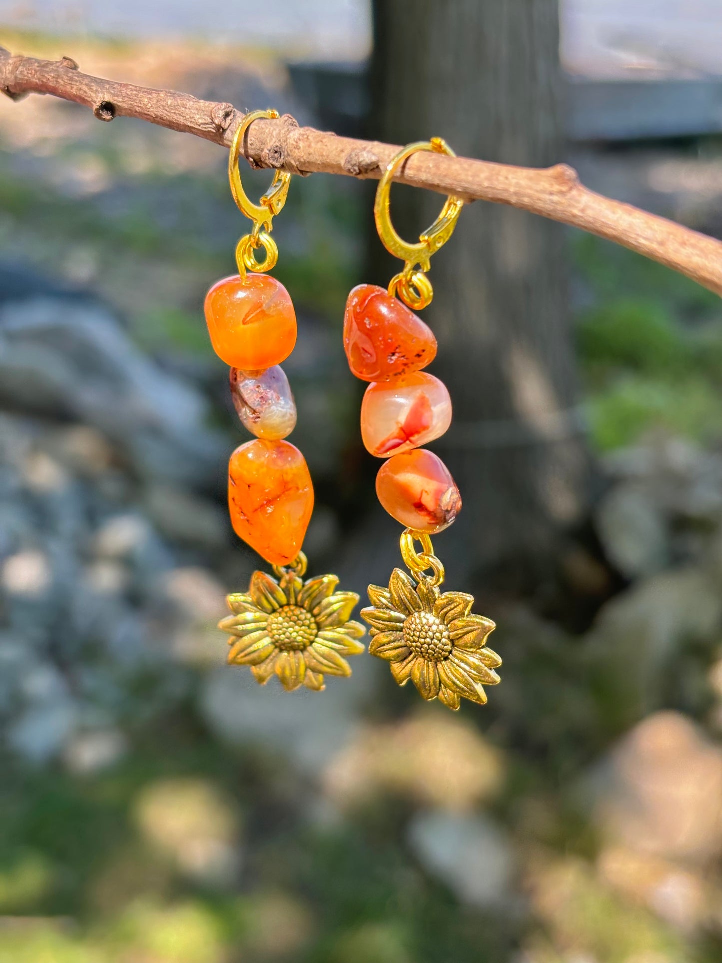 Carnelian Crystal Sunflower Charm Dangle Earrings