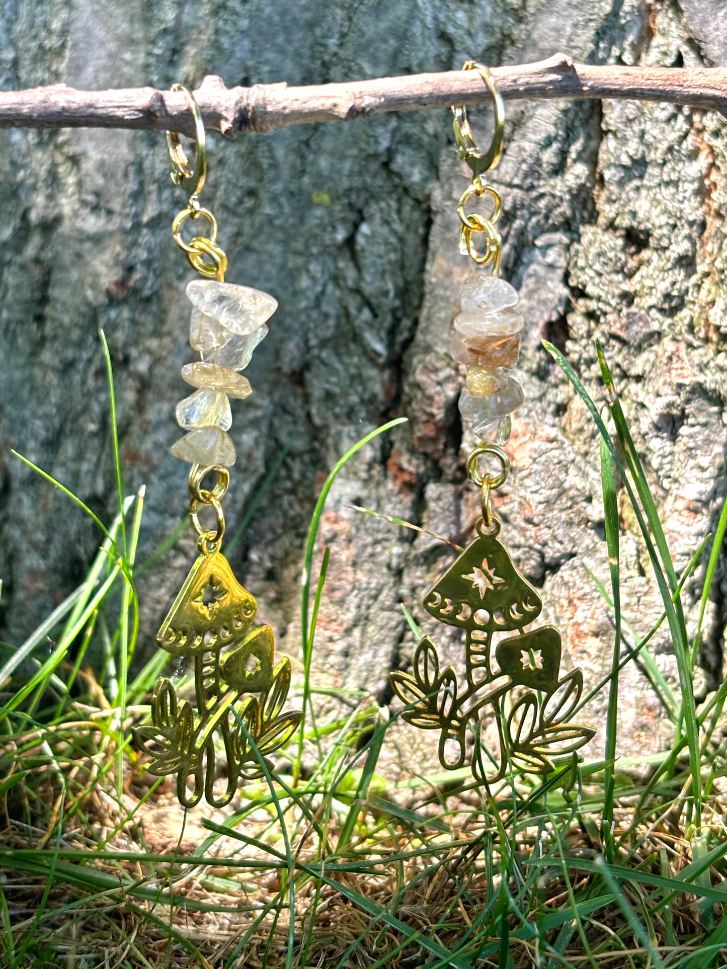 Citrine Crystal Mushroom Charm Dangle Earrings