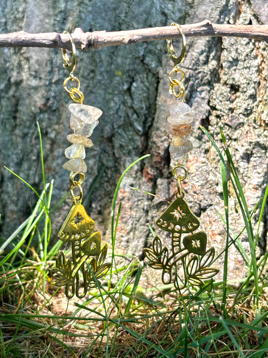 Citrine Crystal Mushroom Charm Dangle Earrings