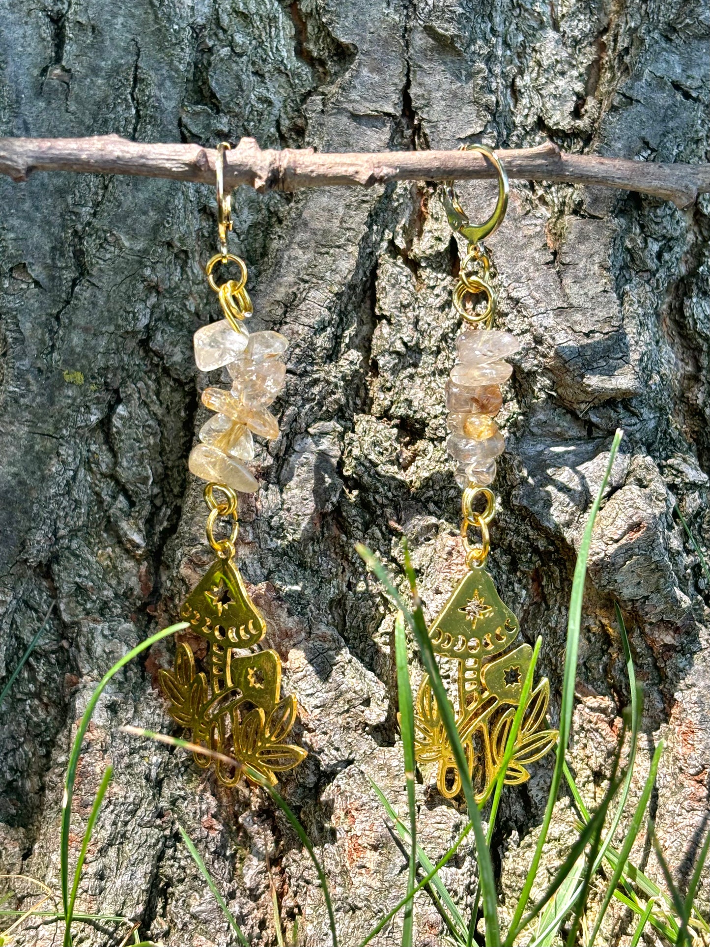 Citrine Crystal Mushroom Charm Dangle Earrings