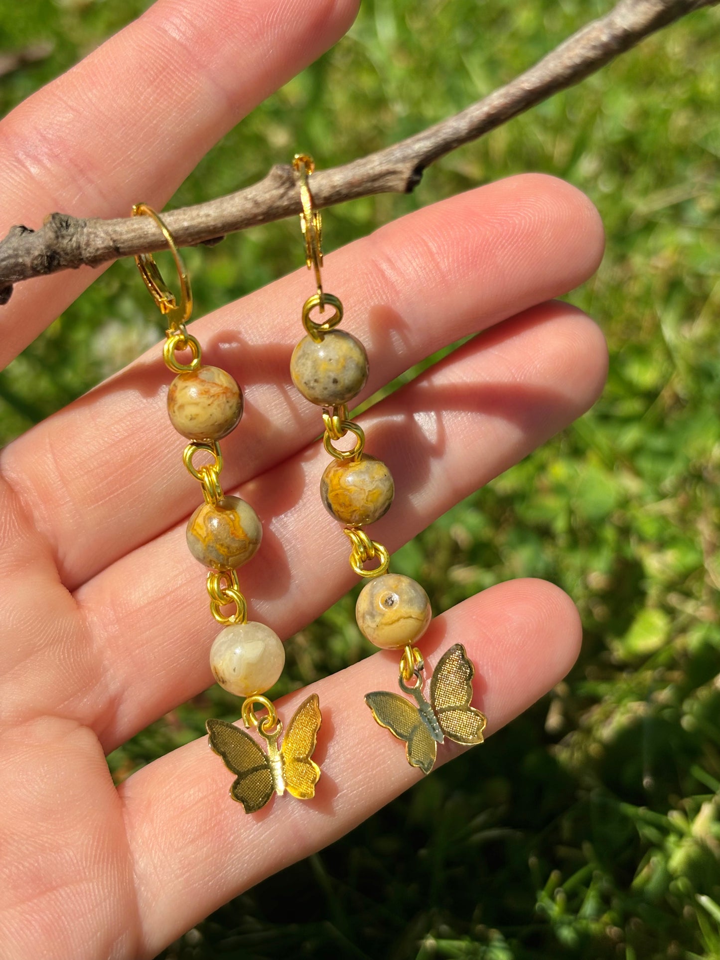 Crazy Lace Agate Crystal Butterfly Charm Gold Dangle Earrings