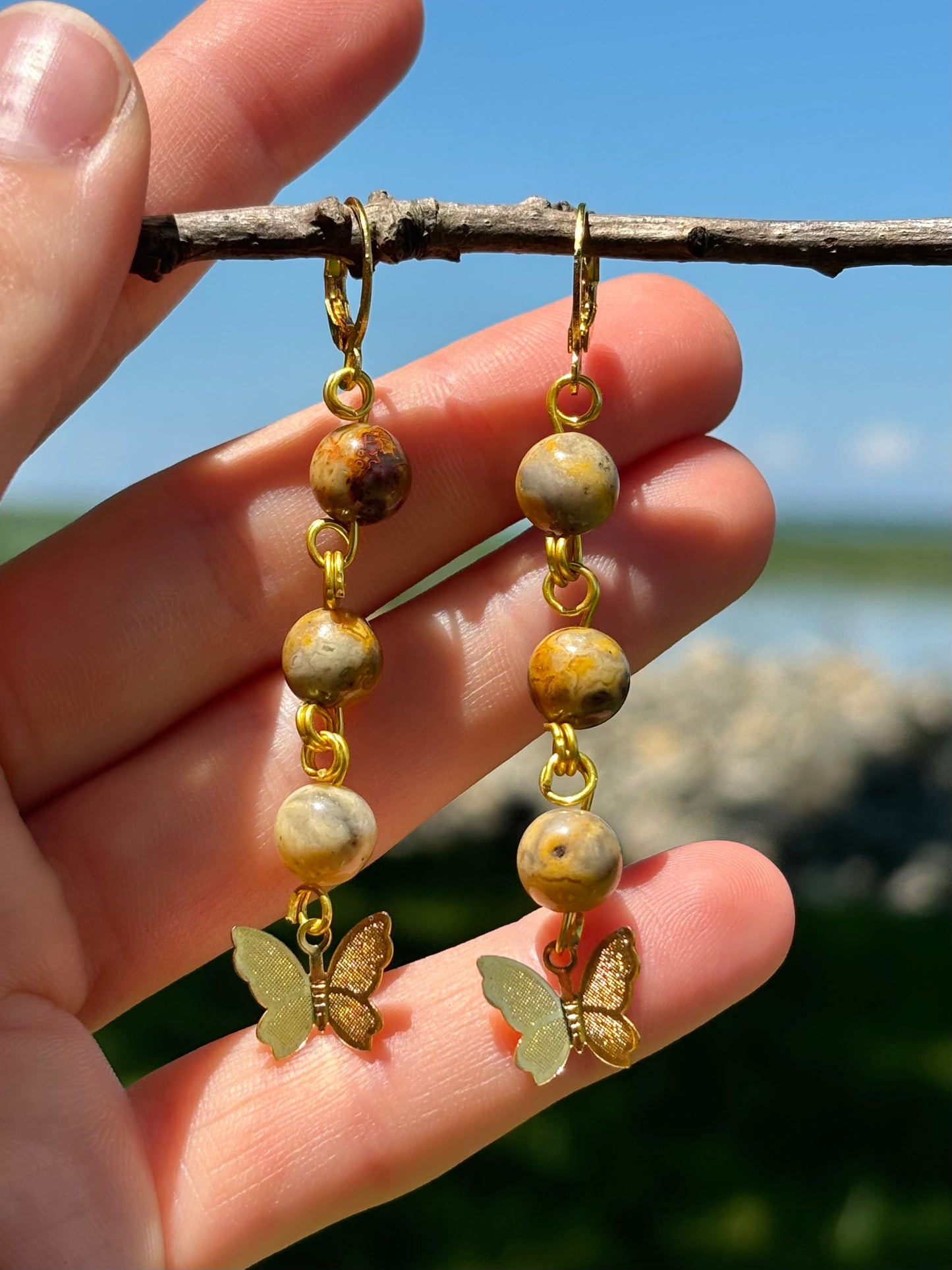 Crazy Lace Agate Crystal Butterfly Charm Gold Dangle Earrings