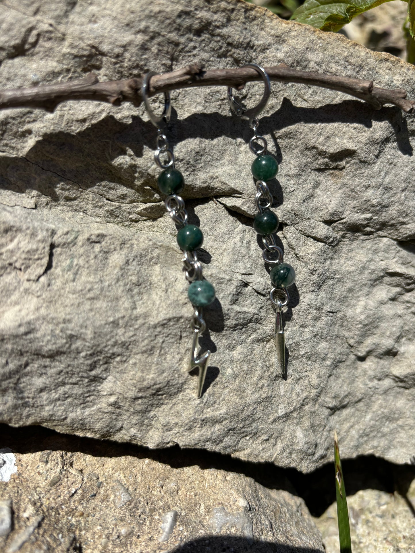 Moss Agate Lightning Charm Dangle Silver Earrings