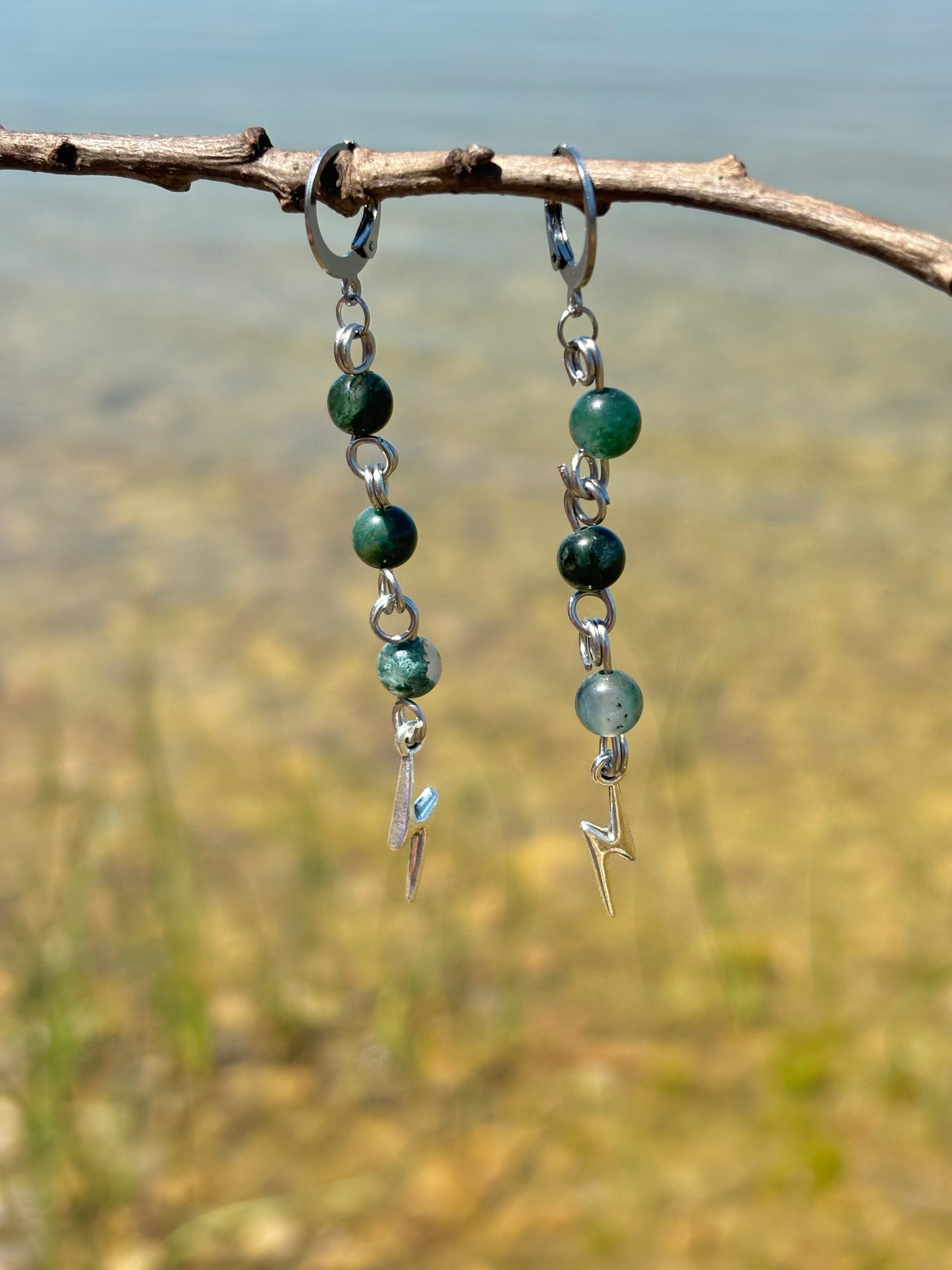 Moss Agate Lightning Charm Dangle Silver Earrings