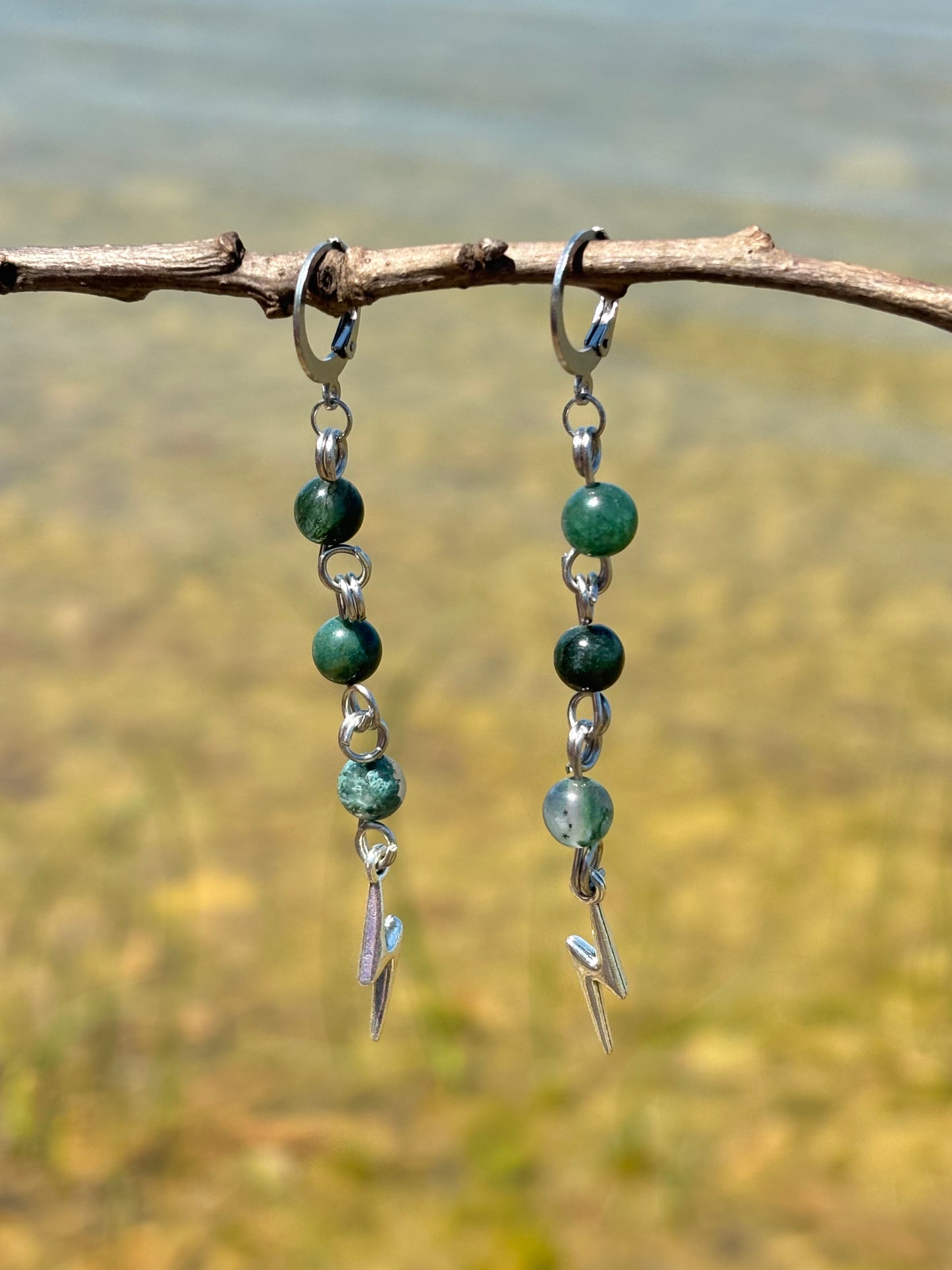 Moss Agate Lightning Charm Dangle Silver Earrings