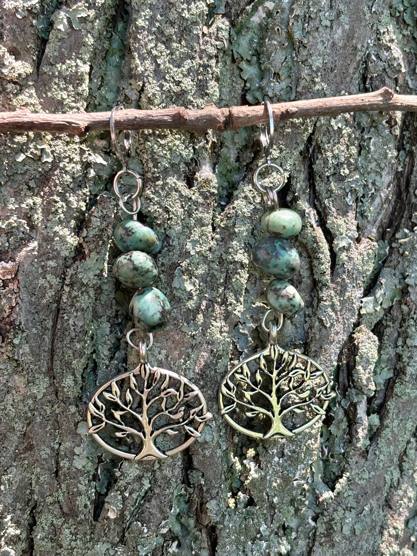 Green Turquoise Crystal Tree of Life Charm Dangle Earrings