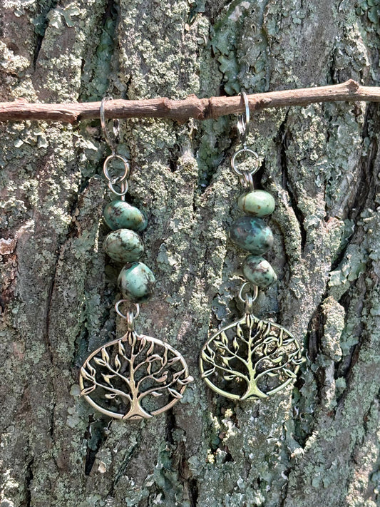 Green Turquoise Crystal Tree of Life Charm Dangle Earrings