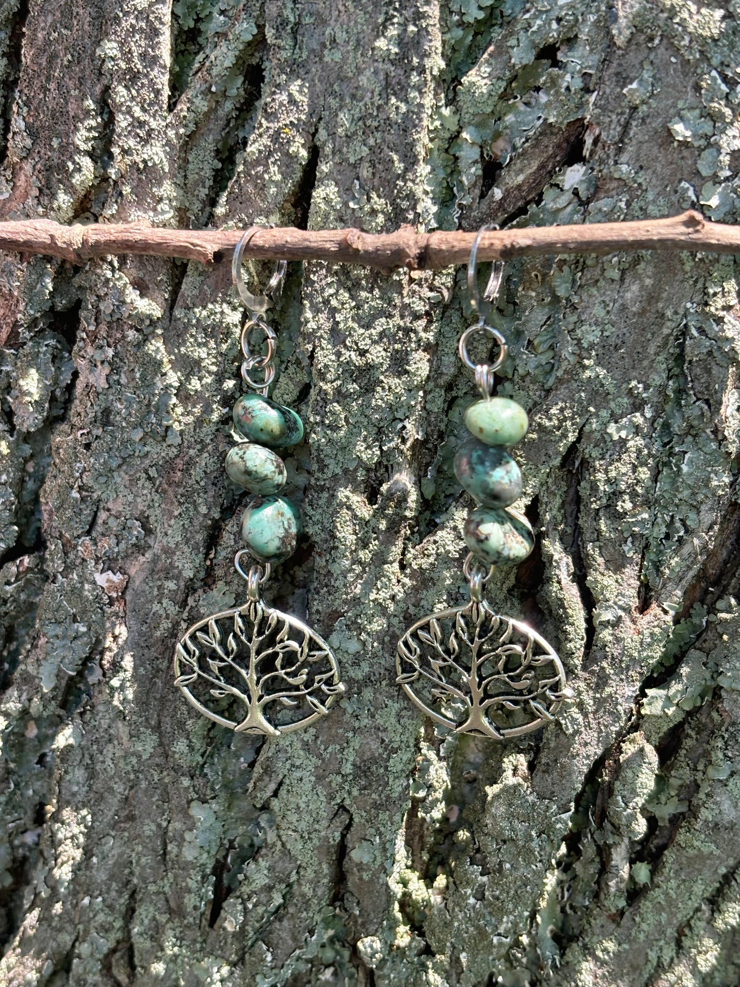 Green Turquoise Crystal Tree of Life Charm Dangle Earrings