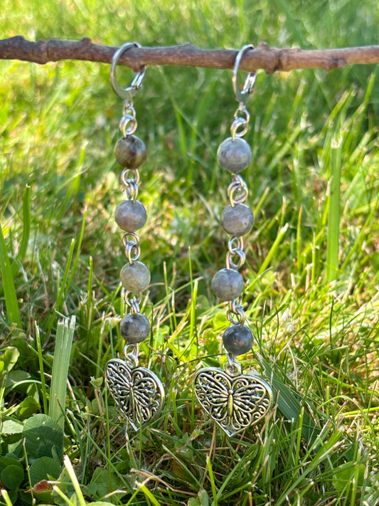Faceted Labradorite Crystal Heart Butterfly Charm Dangle Earrings