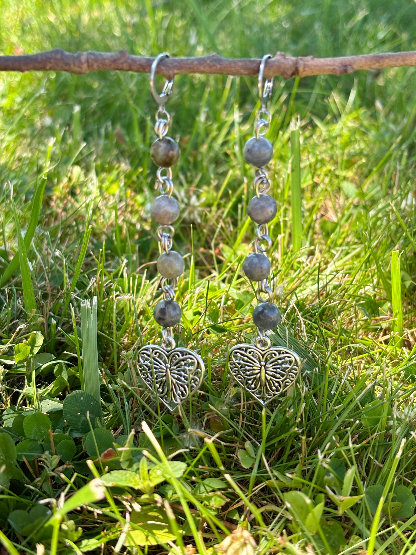 Faceted Labradorite Crystal Heart Butterfly Charm Dangle Earrings