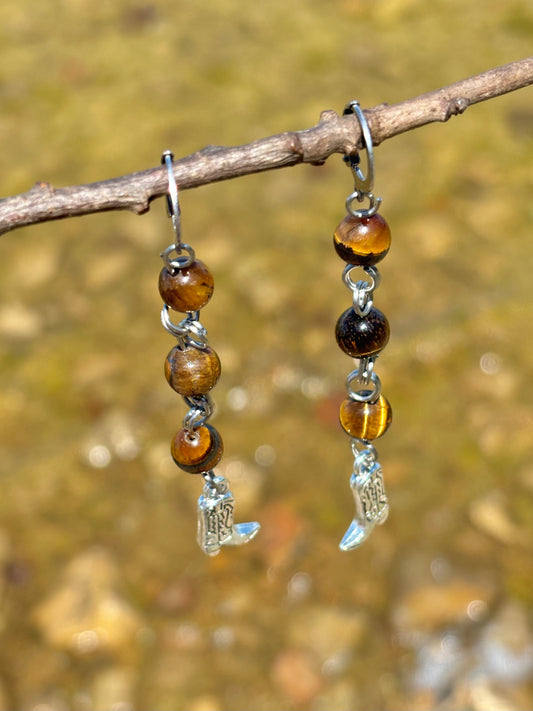 Tiger's Eye Crystal Cowboy Boot Dangle Earrings