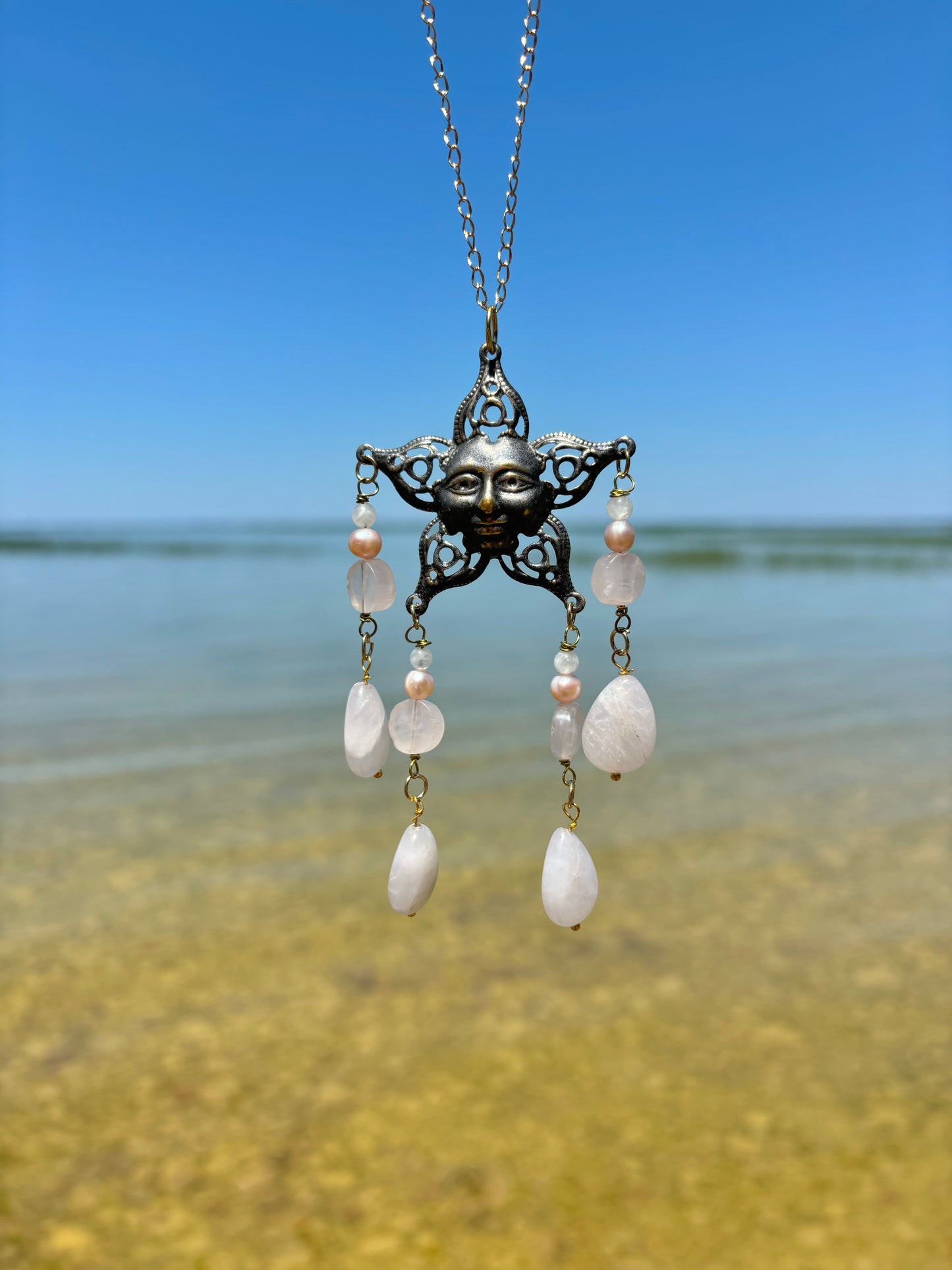 Rose Quartz Crystal Pearl Sun Car Rearview Mirror Hanger