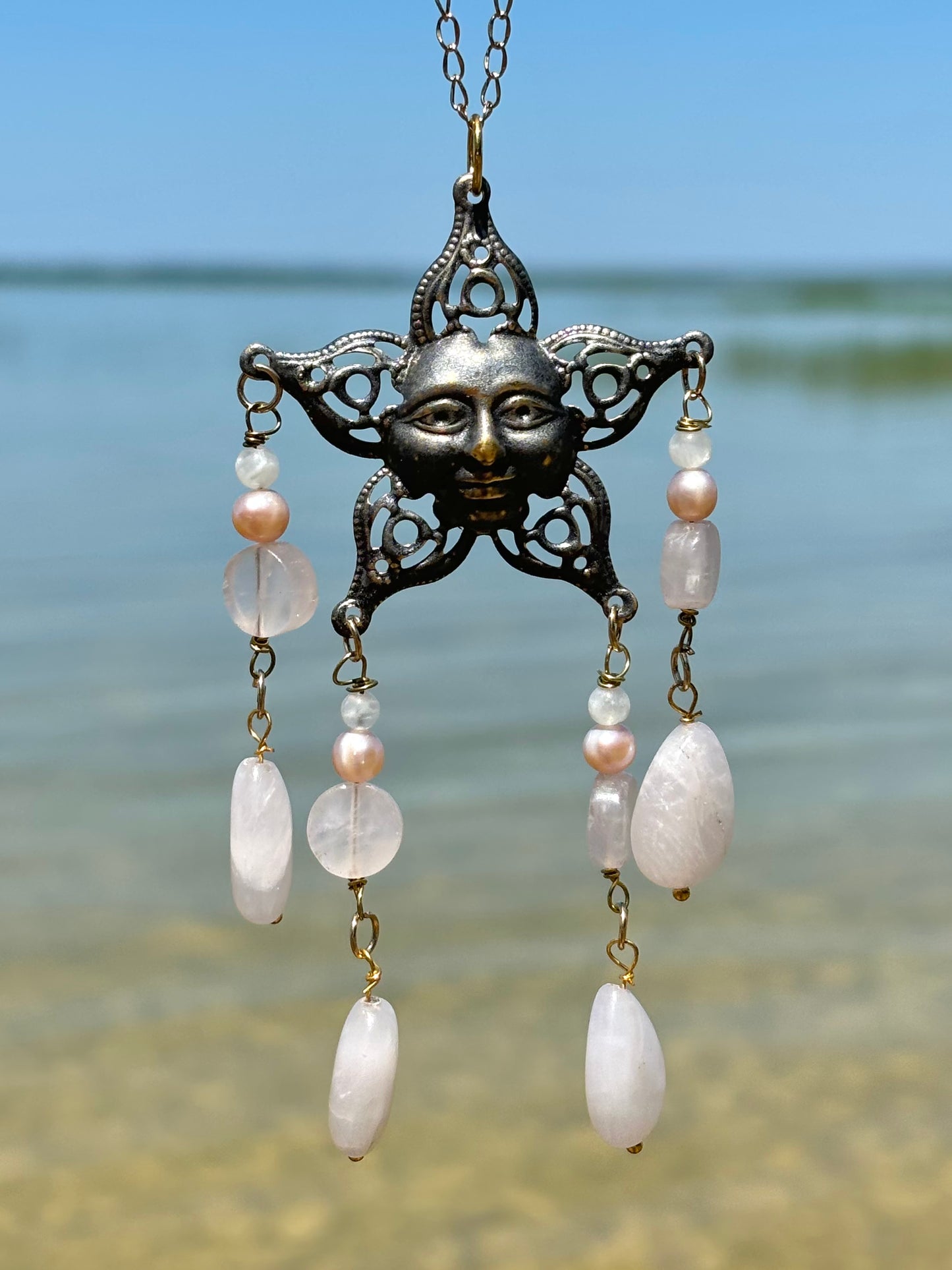 Rose Quartz Crystal Pearl Sun Car Rearview Mirror Hanger