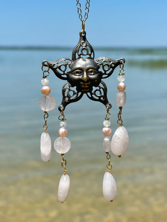 Rose Quartz Crystal Pearl Sun Car Rearview Mirror Hanger