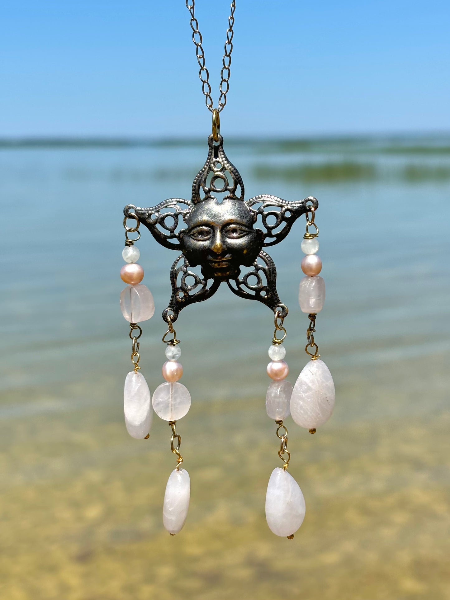 Rose Quartz Crystal Pearl Sun Car Rearview Mirror Hanger