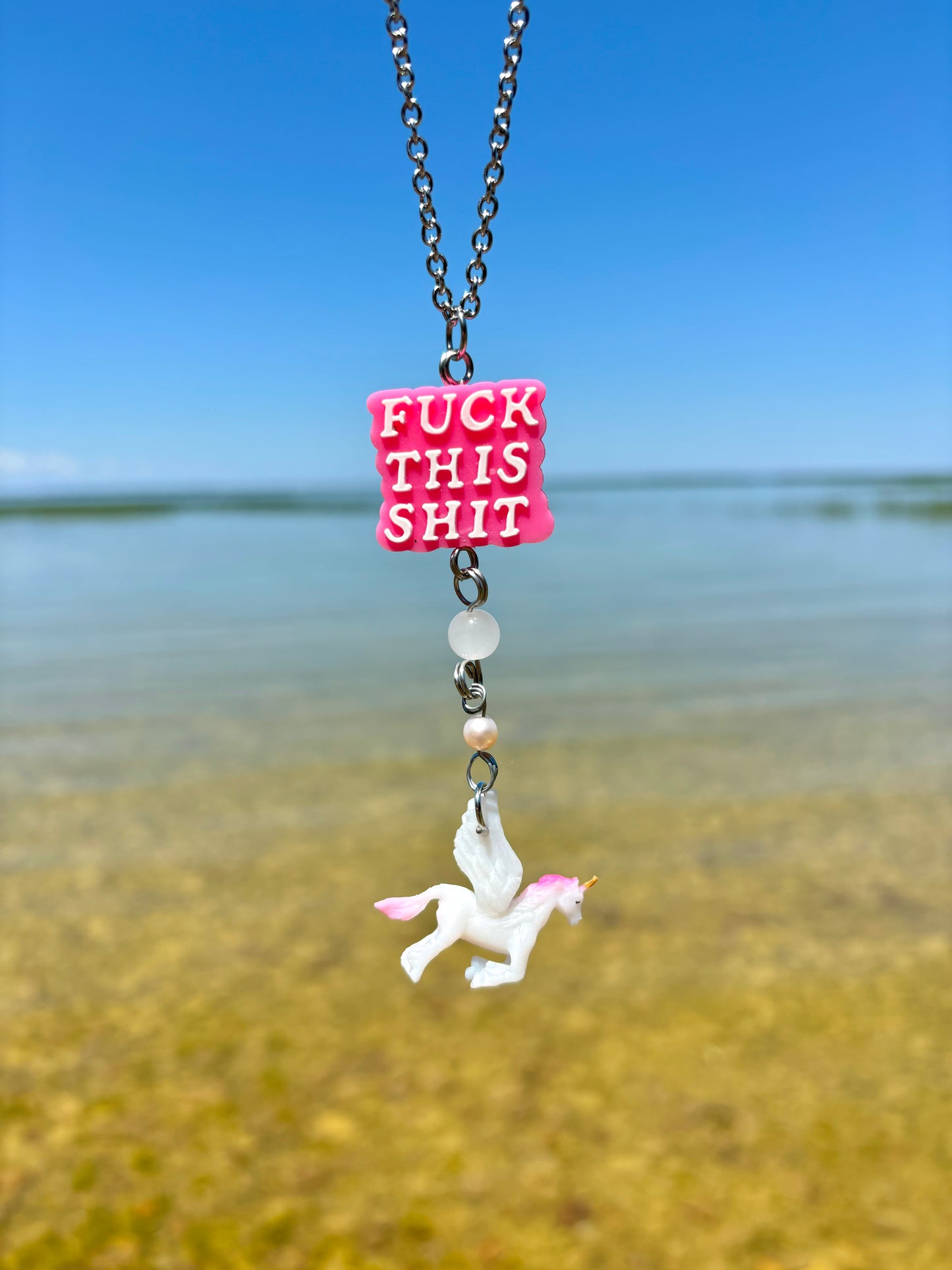 Rose Quartz Crystal Pearl F*** This S*** Unicorn Rearview Mirror Car Hanger