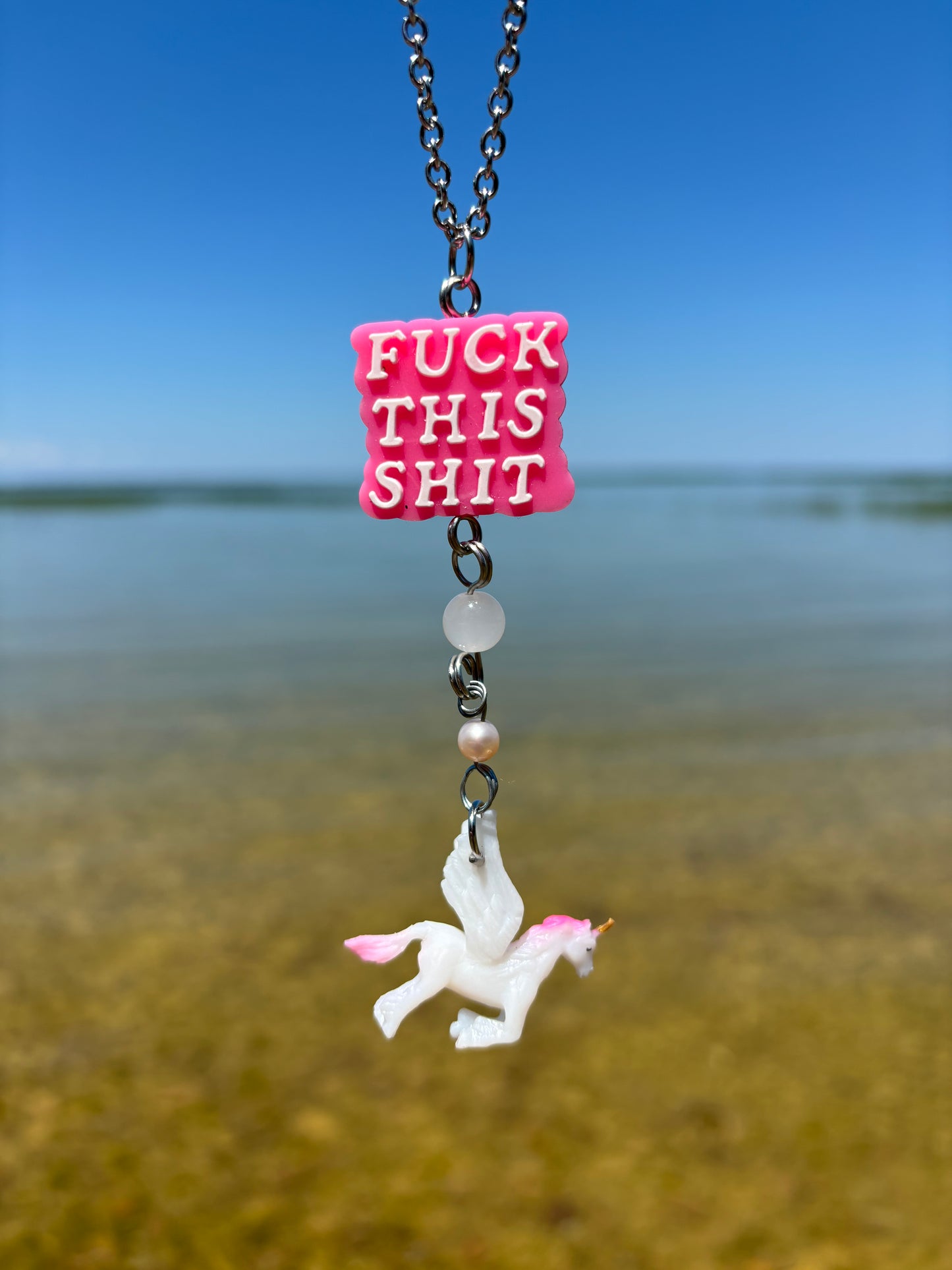 Rose Quartz Crystal Pearl F*** This S*** Unicorn Rearview Mirror Car Hanger
