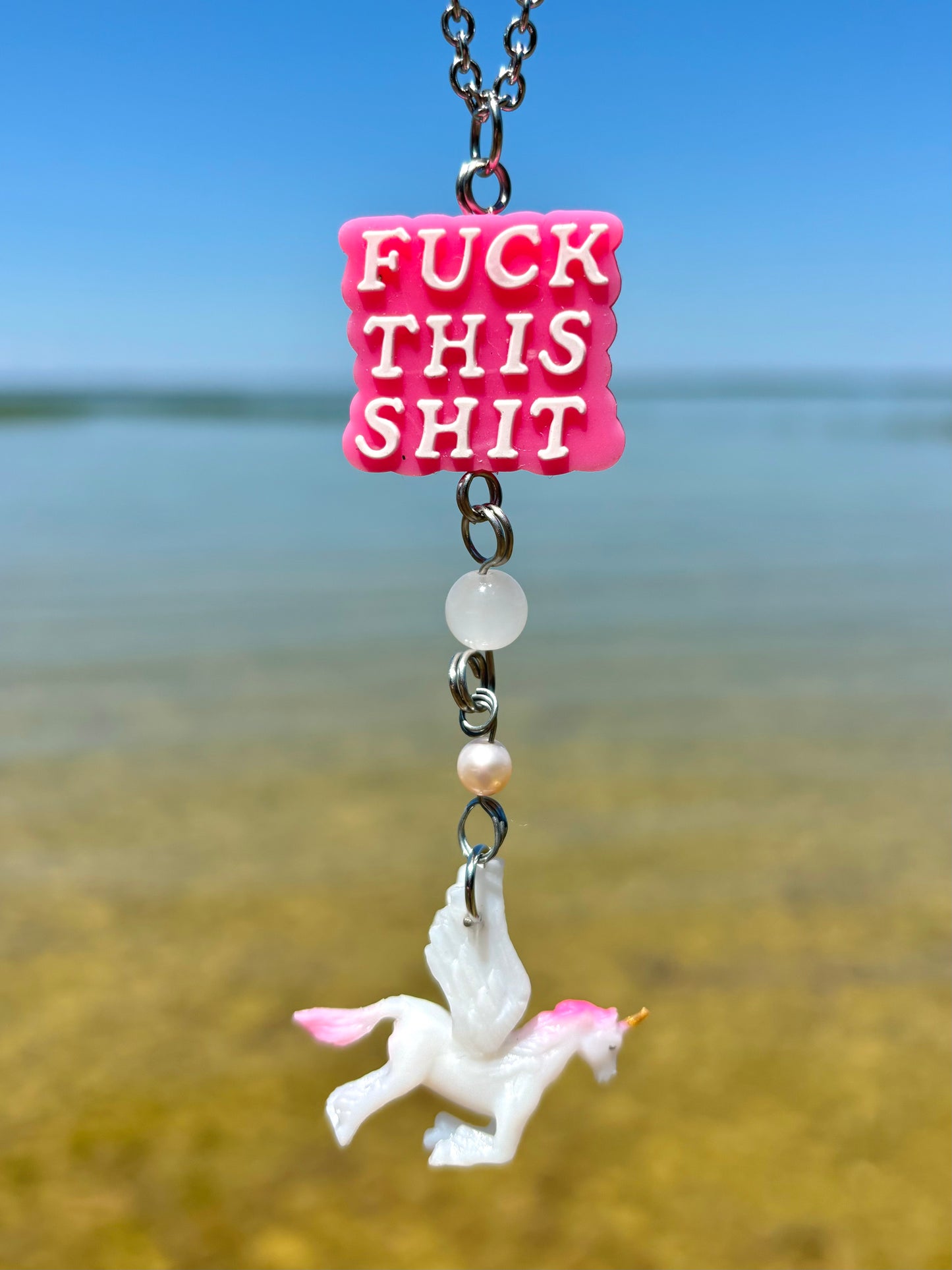 Rose Quartz Crystal Pearl F*** This S*** Unicorn Rearview Mirror Car Hanger