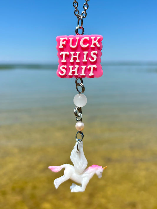 Rose Quartz Crystal Pearl F*** This S*** Unicorn Rearview Mirror Car Hanger