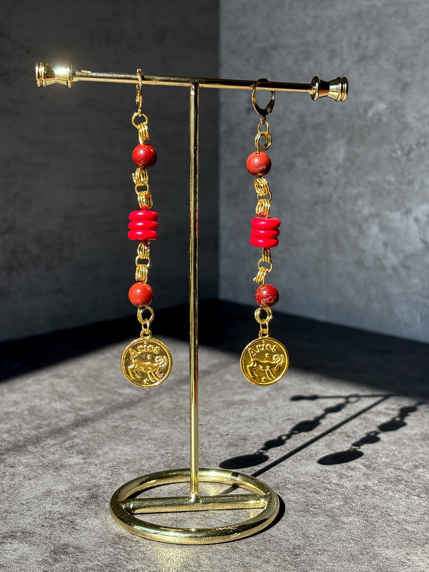 Aries Gold Astrology Mookaite Jasper Earrings