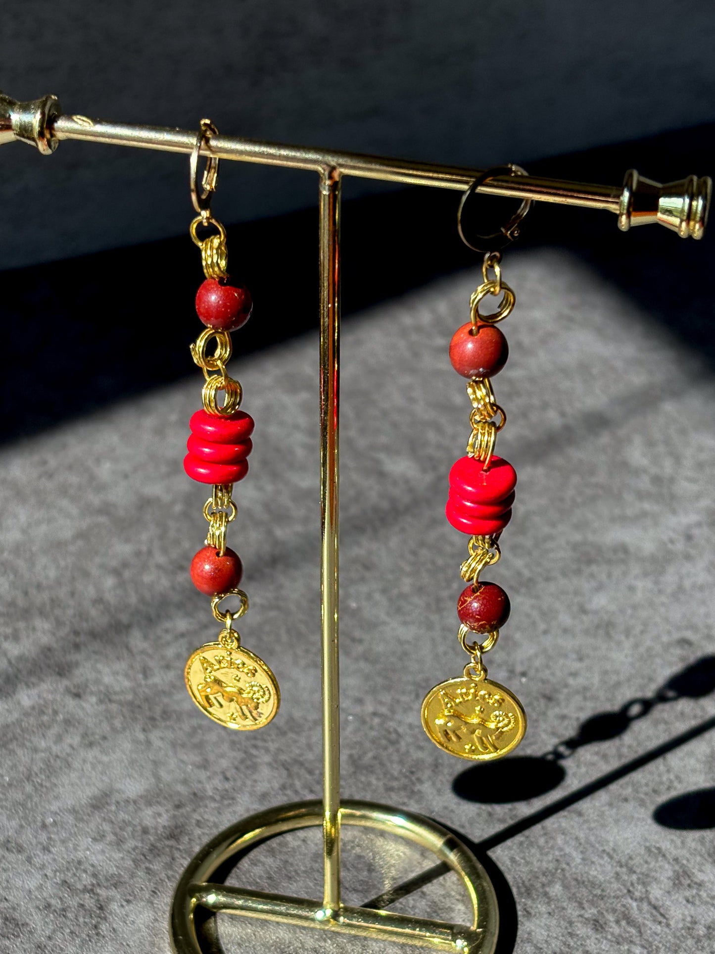 Aries Gold Astrology Mookaite Jasper Earrings